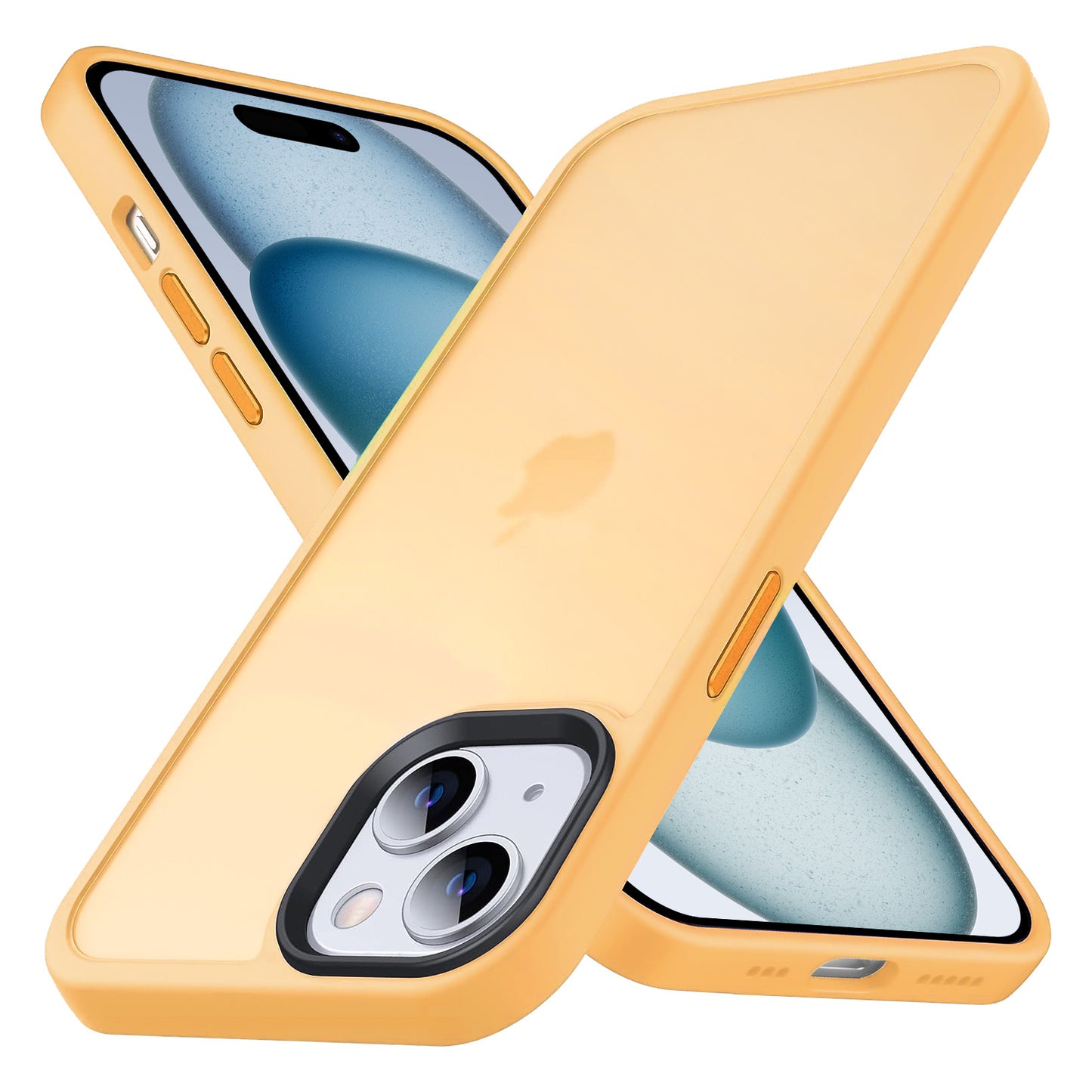 Zwei iPhone 15 Handys in der gelben MR PROTECT iPhone 15 Hülle Matt sind X-förmig angeordnet. Diese minimalistischen Hüllen von MR PROTECT bieten Stoßdämpfung und präzise Aussparungen für Kamera, Tasten und Lautsprecher. Die Displays zeigen einen hellblauen abstrakten Hintergrund.