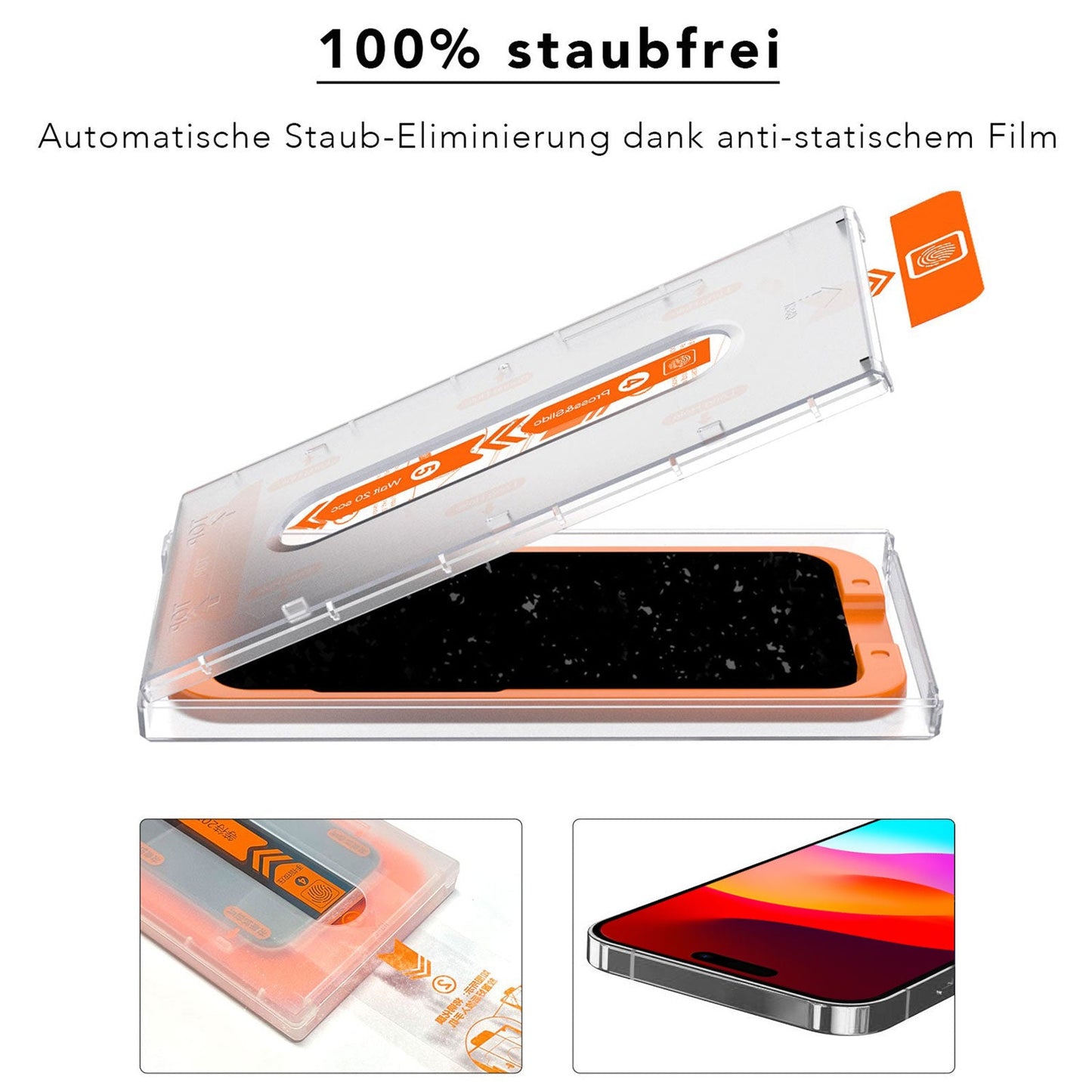 Das Arktis 2er Set iPhone REVOLUTION Glas-Displayschutz wird mit der EZ.INSTALL Box, dem offenen Gehäuse und der orangefarbenen Antistatikfolie zur automatischen Staubentfernung gezeigt. Der deutsche Text hebt die staubfreie Funktion hervor.