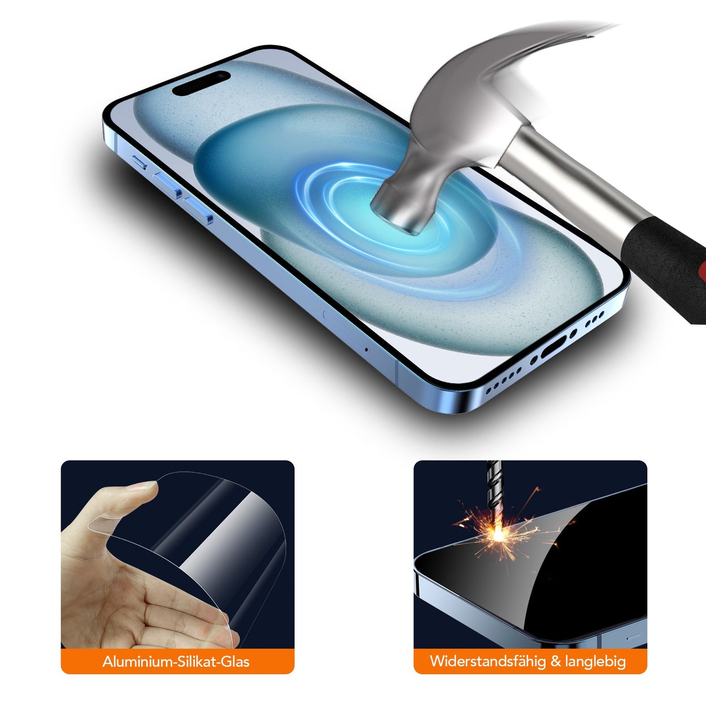 Ein Hammer schlägt mit einem blauen Wirbel auf den Bildschirm eines Smartphones. Unten sind Bilder zu sehen, die zeigen, wie das Arktis 2er Set iPhone REVOLUTION Glas-Displayschutz gehalten und gebohrt wird. In den deutschen Bildunterschriften wird Aluminiumsilikatglas und seine Haltbarkeit hervorgehoben.