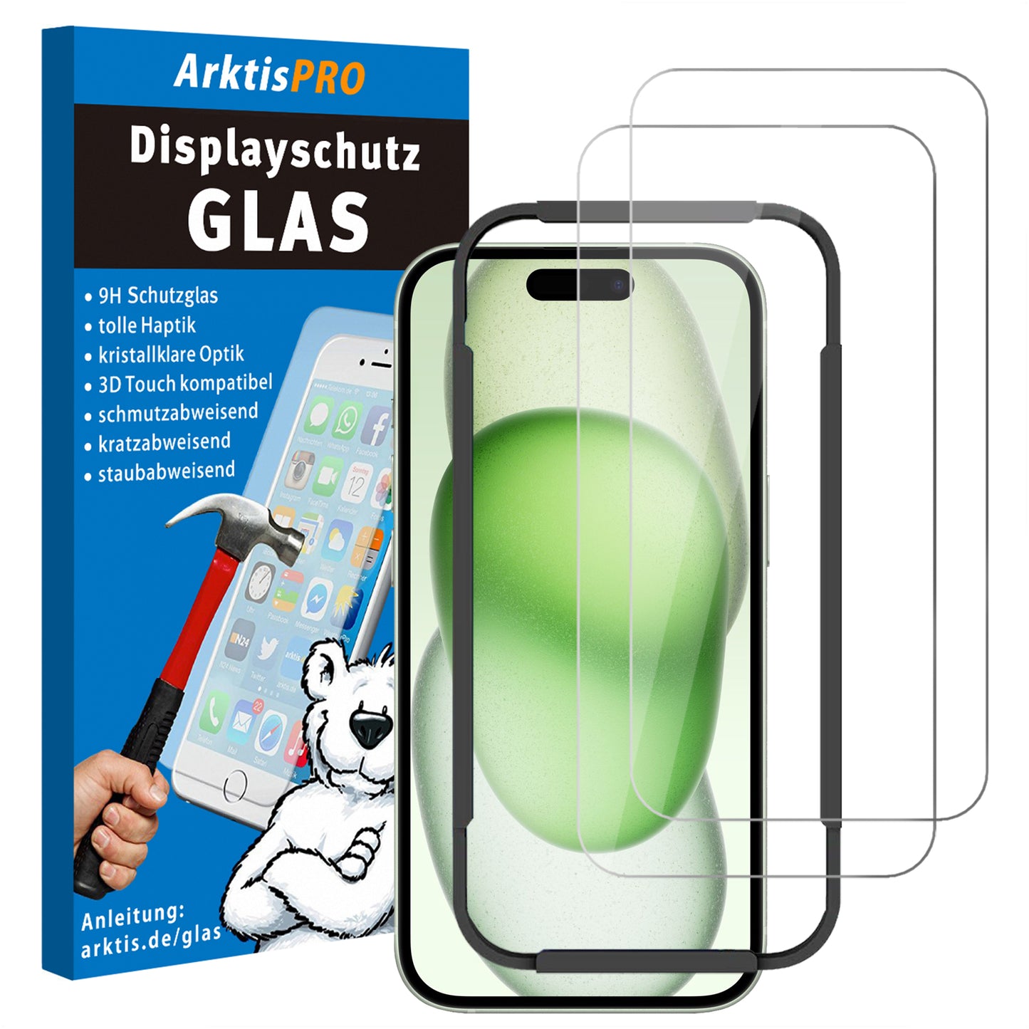 ArktisPRO iPhone 15 Displayschutz GLAS - 2er Set