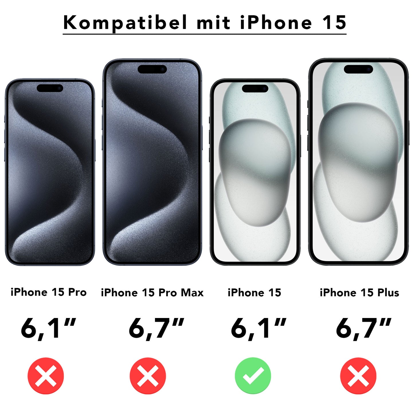 Das Bild vergleicht vier iPhone-Modelle. Nur das iPhone 15 ist mit dem ArktisPRO iPhone 15 FULL COVER Displayschutz GLAS – hüllenfreundlich kompatibel, das über eine oleophobe Beschichtung und einen Härtegrad von 9H verfügt. Andere Modelle werden nicht unterstützt.