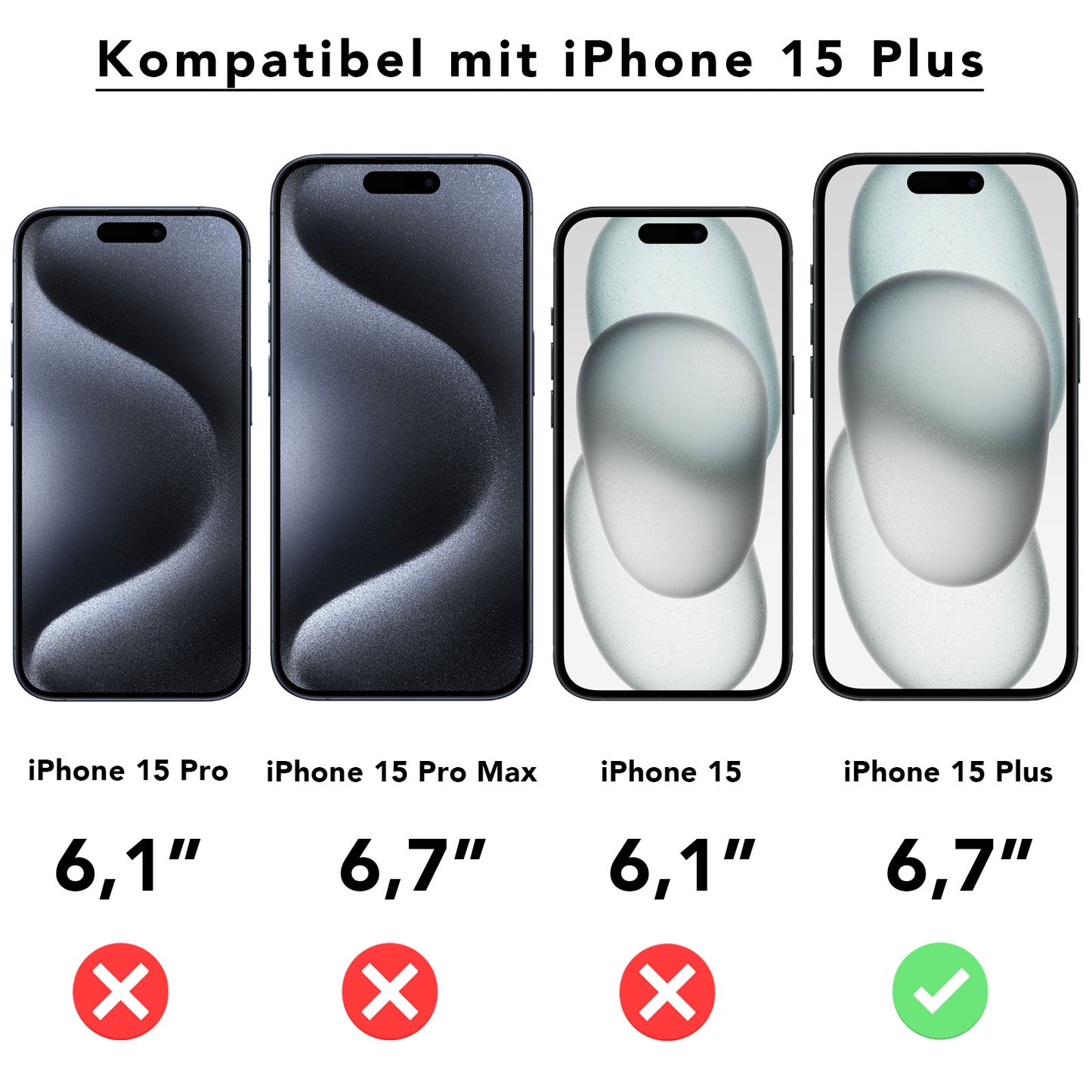 Das Bild vergleicht vier iPhone-Modelle: iPhone 15 Pro, 15 Pro Max, 15 und 15 Plus. Nur der arktis REVOLUTION Glas-Displayschutz für das iPhone 15 Plus (6,7") wird als kompatibel mit einem grünen Häkchen angezeigt.