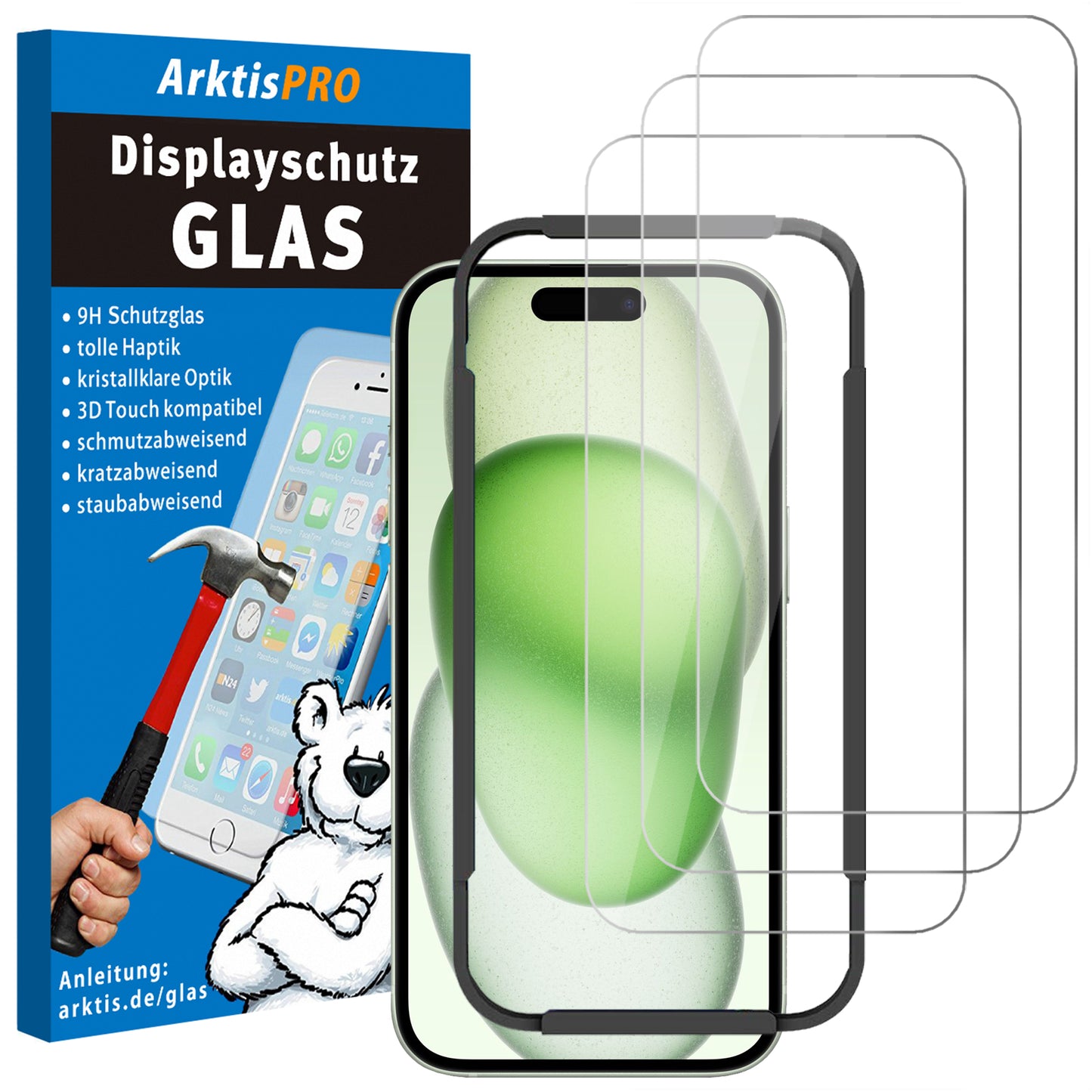 ArktisPRO iPhone 15 Displayschutz GLAS - 3er Set