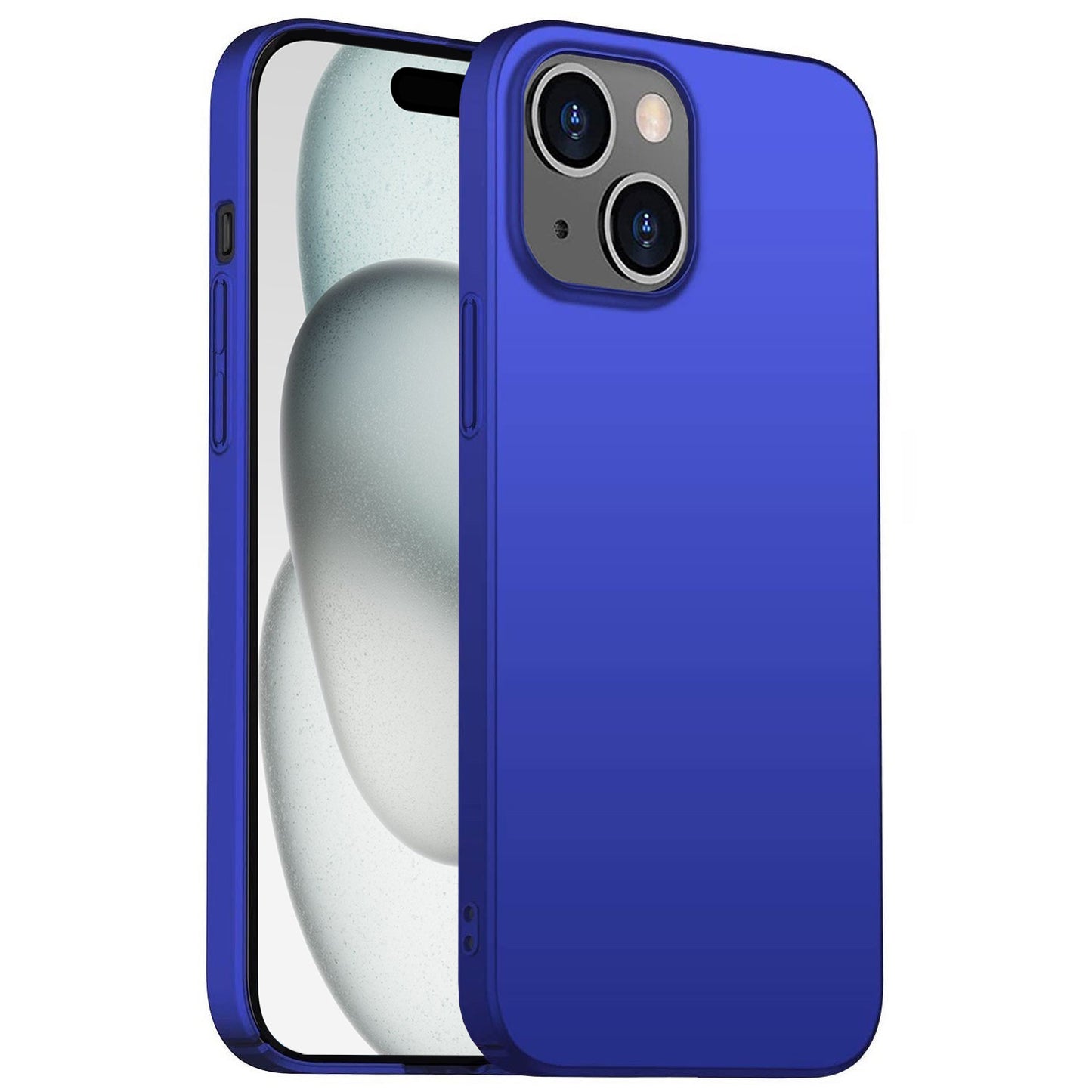 Eine ArktisPRO iPhone 15 Hülle UltraSlim Hardcase in Blau ist auf einem iPhone 15 von vorne und hinten zu sehen, mit einem einfachen abstrakten Hintergrundbild und zwei Kameraobjektiven plus Blitz auf der Rückseite.