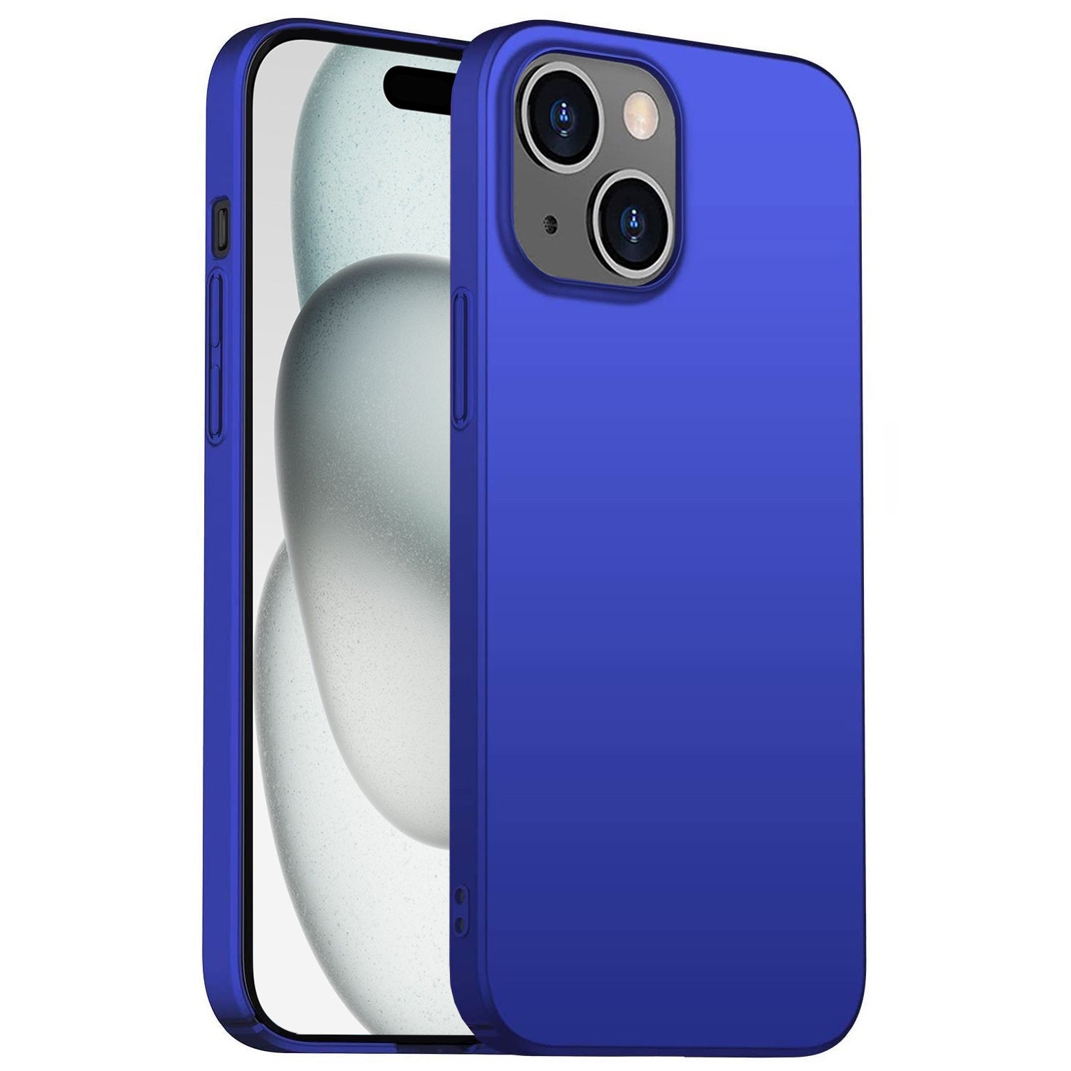 Eine ArktisPRO iPhone 15 Hülle UltraSlim Hardcase in Blau ist auf einem iPhone 15 von vorne und hinten zu sehen, mit einem einfachen abstrakten Hintergrundbild und zwei Kameraobjektiven plus Blitz auf der Rückseite.