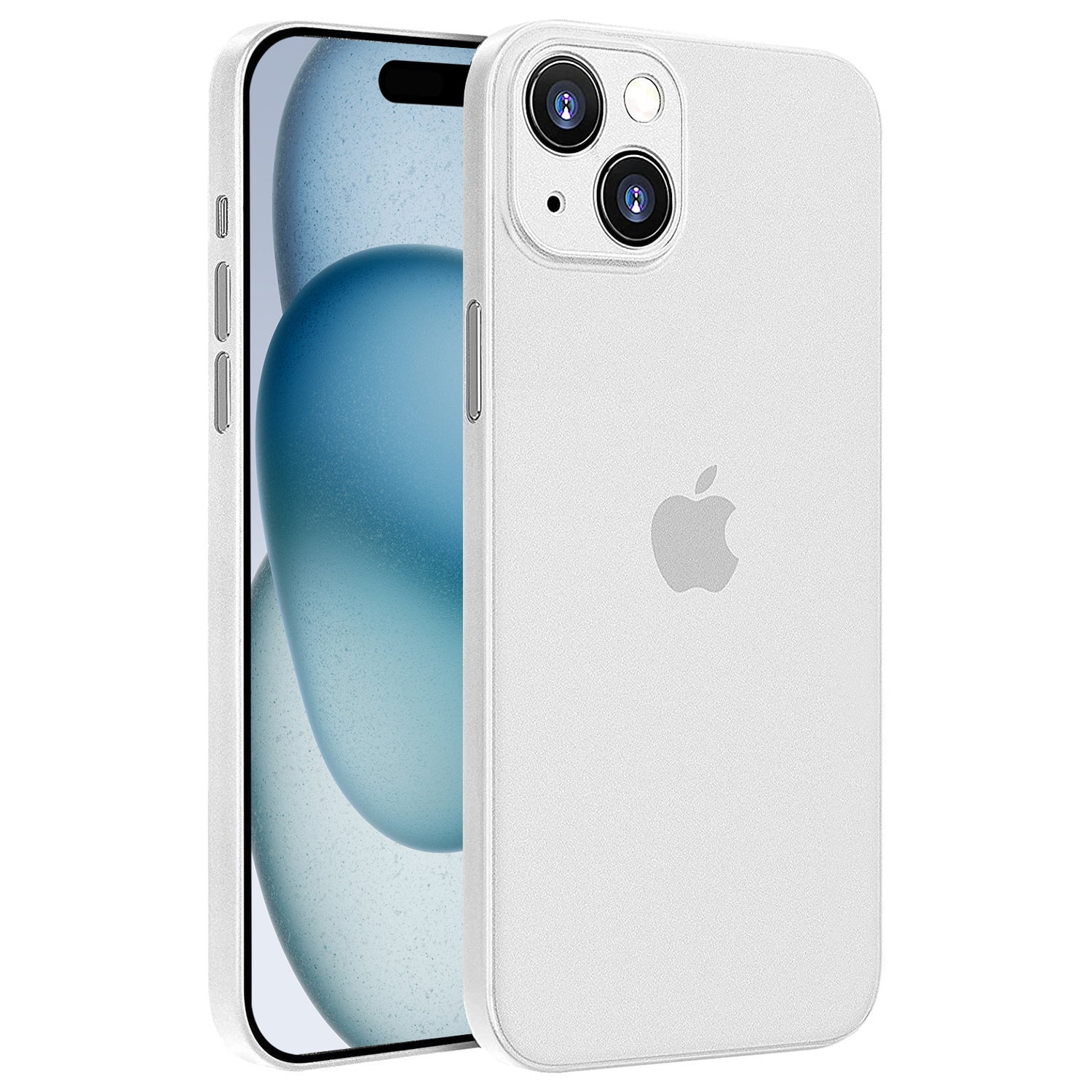 Ein weißes iPhone 15 mit sichtbarem Apple-Logo und zwei Kameralinsen wird durch die federleichte ArktisPRO iPhone 15 Hülle ULTRADÜNN perfekt geschützt, ohne aufzutragen.