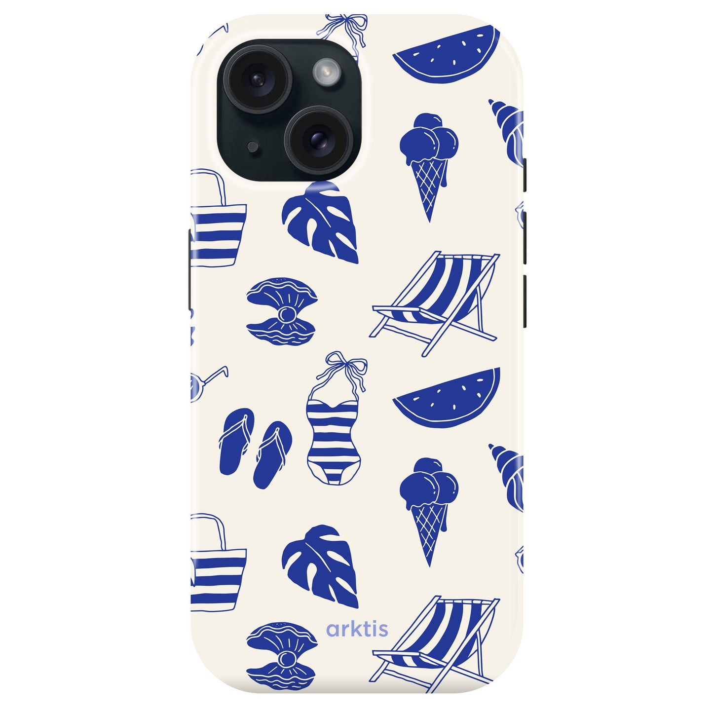 Die arktis iPhone 15 Hülle - Beach Style zeigt blaue Sommersymbole wie Eiscreme, Flip-Flops und Badeanzüge auf weißem Hintergrund. Hergestellt aus stoßabsorbierendem TPU-Silikon und MagSafe kompatibel für stilvollen Schutz.