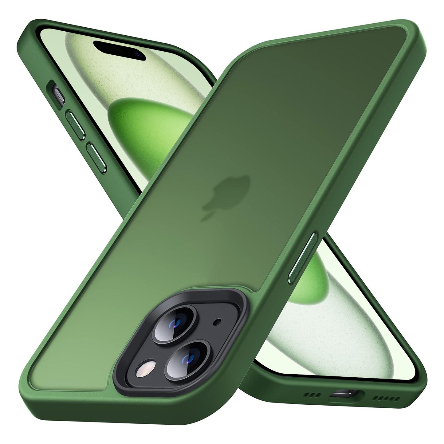 Zwei grüne Smartphones im passenden MR PROTECT iPhone 15 Case Matt von MR PROTECT bilden ein „X“; die Vorderseite zeigt ein grünes Hintergrundbild, während die Rückseite die Kamera, das schwache Logo und einen minimalistischen matten Look für optimale Stoßdämpfung hervorhebt.