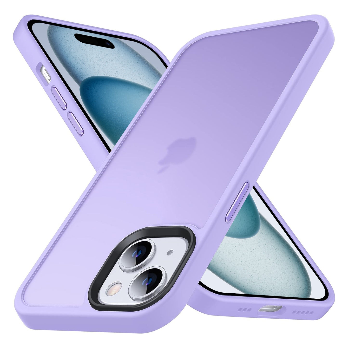 Zwei gekreuzte iPhones im MR PROTECT iPhone 15 Case Matt (lila) präsentieren den minimalistischen Matt-Look – eines gibt den Blick auf Kamera und Rückseite frei, das andere auf das Display. Das kuschelige MR PROTECT-Design sorgt für zuverlässige Stoßdämpfung.