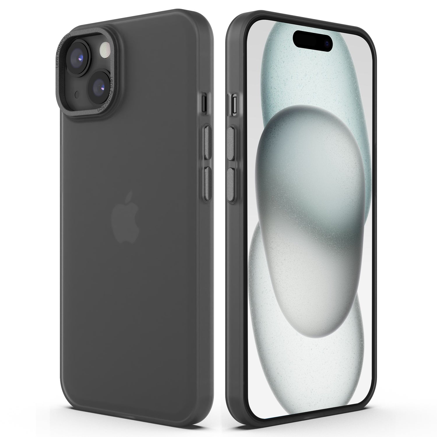 Die MR PROTECT iPhone 15 Plus FROZEN-Hülle schützt ein schwarzes iPhone mit zwei Kameras, das auf Vorder- und Rückseite mit einem minimalistischen abstrakten Hintergrundbild dargestellt ist, und sorgt so für zusätzliche Haltbarkeit von MR PROTECT.