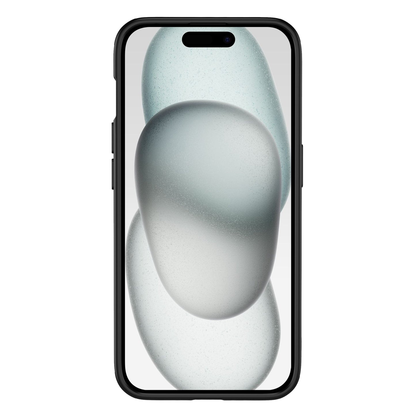 Ein Smartphone mit einer schwarzen ArktisPRO iPhone 15 Plus SECTOR-Hülle und Anti-Fingerabdruck-Beschichtung zeigt auf seinem Bildschirm ein Hintergrundbild aus drei überlappenden, glatten ovalen Formen in Grau- und Weißtönen.