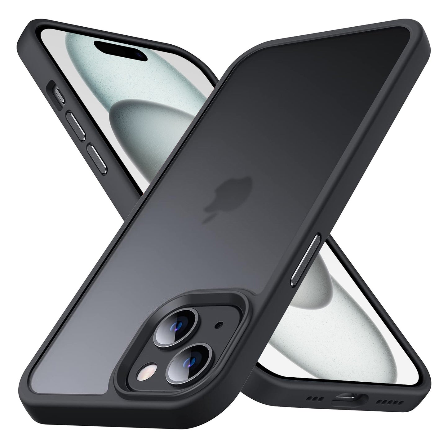 Zwei MR PROTECT iPhone 15 Case Matt-Smartphones mit stoßabsorbierendem, schwarzem TPU-Silikon-Cover liegen überkreuzt und zeigen im minimalistischen matten Look sowohl das Display als auch die Rückkamera.