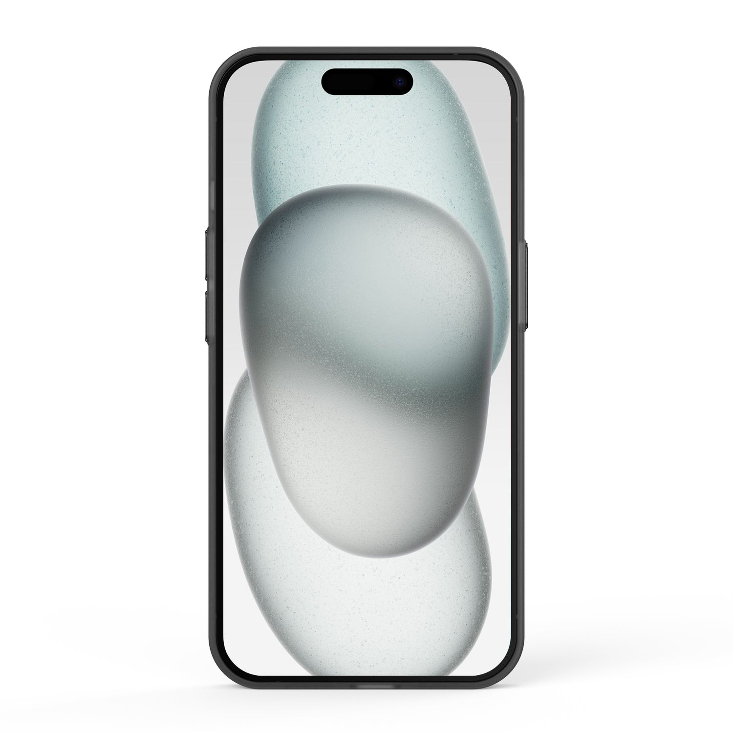 Die MR PROTECT iPhone 15 FROZEN-Hülle verfügt über einen schwarzen Rahmen und eine Polycarbonat-Konstruktion und zeigt ein schickes Hintergrundbild im Frozen-Look mit drei durchscheinenden grauen und weißen Ovalen auf hellem Hintergrund.