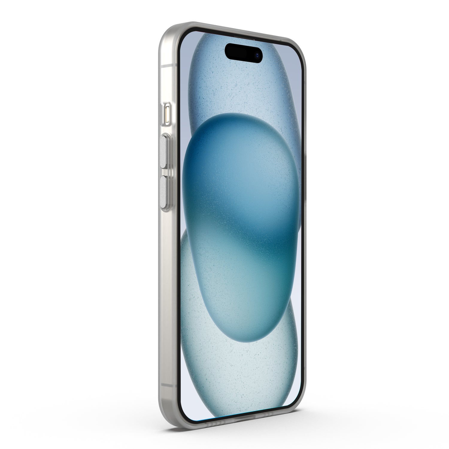 Das MR PROTECT iPhone 15 FROZEN Case von MR PROTECT zeigt ein modernes Smartphone mit silbernem Rahmen, das aufrecht und nach links geneigt steht. Es zeichnet sich durch ein schlankes Polycarbonat-Design mit sichtbaren Ein-/Aus- und Lautstärketasten sowie einem blauen, abstrakten, ovalen Display aus.