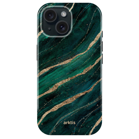 Arktis iPhone 15 Fashion Case - Floral: Dunkelgrüne Hülle mit goldenen Streifen, "arktis" auf der Unterseite. TPU-Silikonmaterial, MagSafe-kompatibel.
