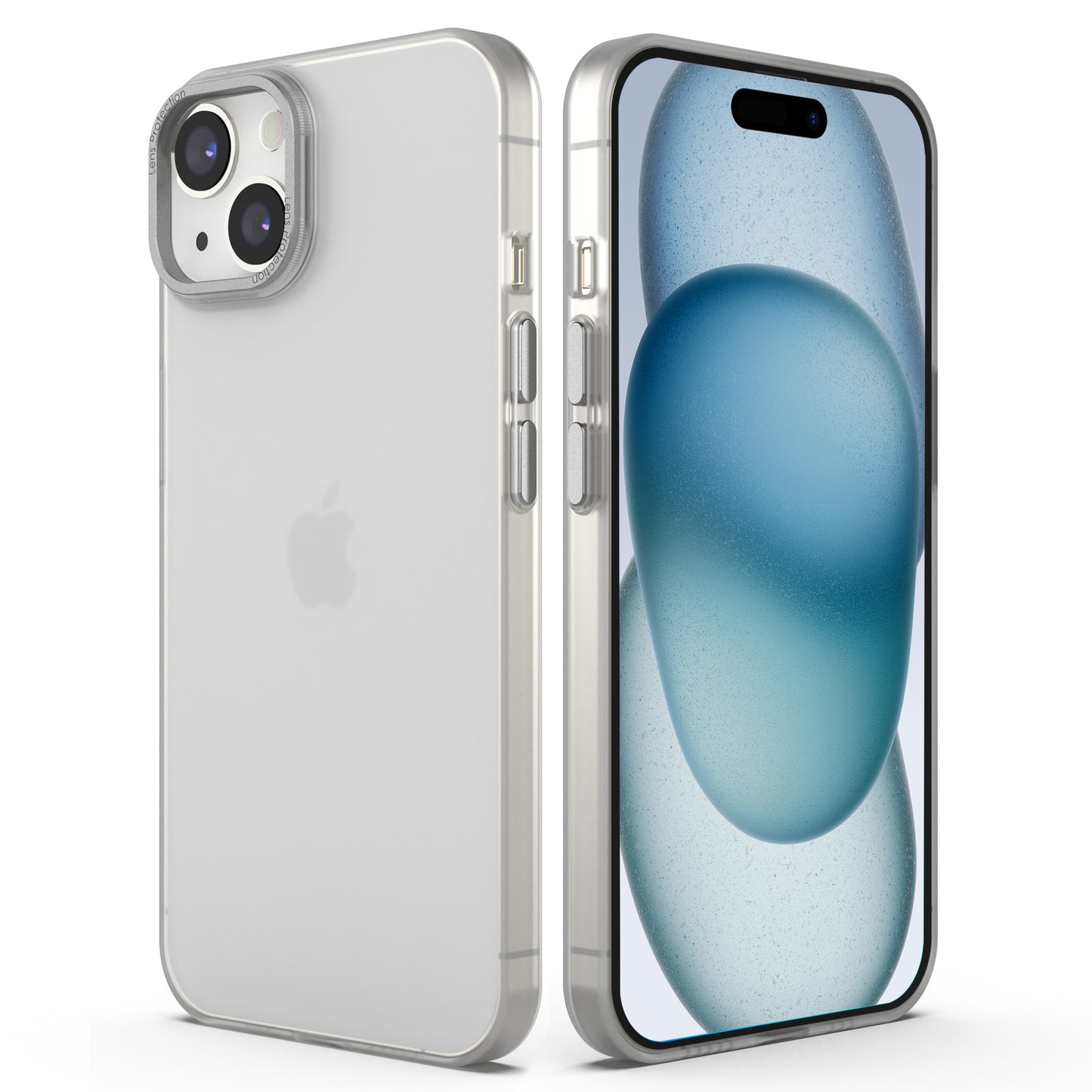 Es erscheinen zwei iPhone 15 mit silbernen Rändern, eines mit Doppelkamera und Apple-Logo, das andere mit blauem Hintergrundbild im Frozen-Look. Beide werden durch das MR PROTECT iPhone 15 FROZEN Case von MR PROTECT geschützt.
