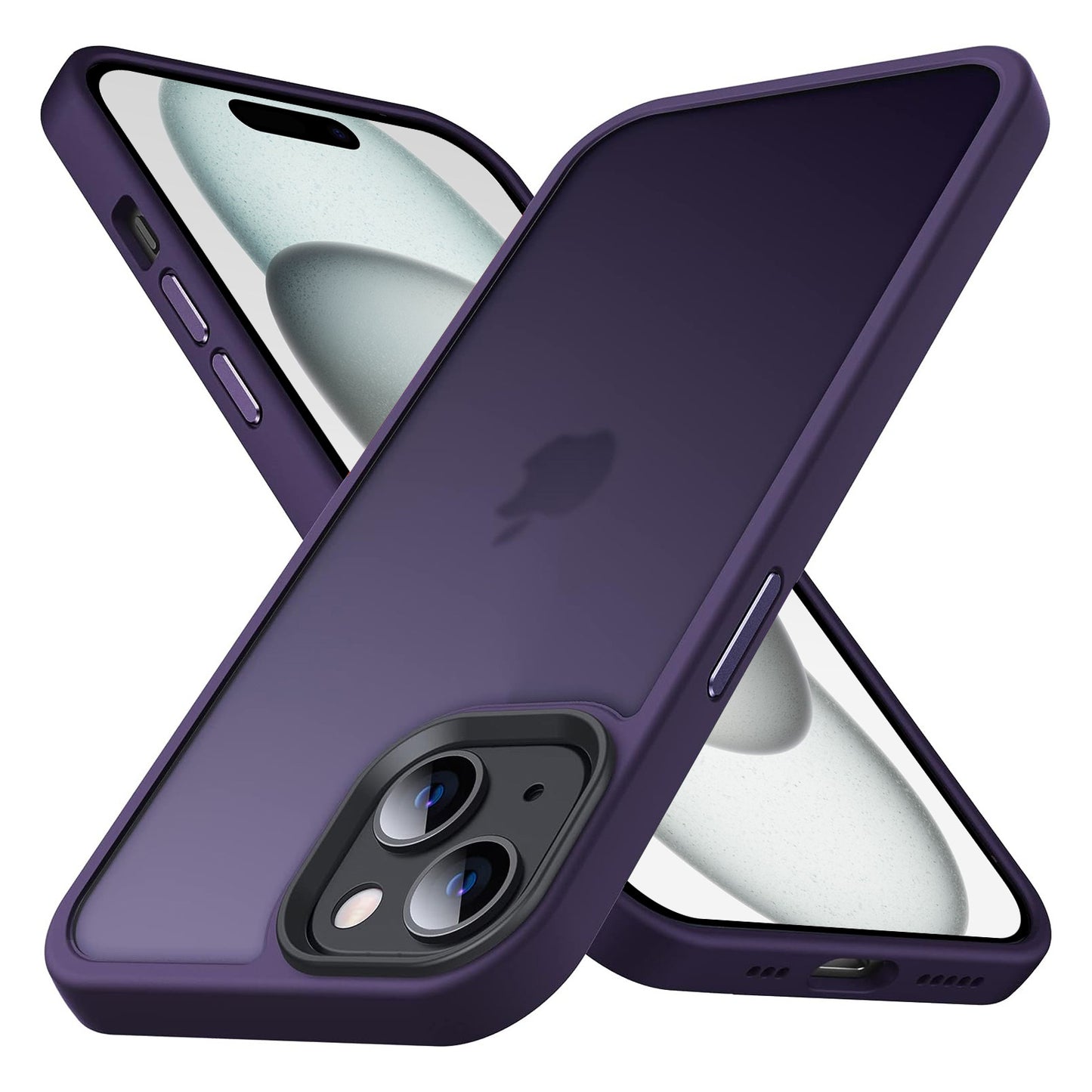 Das MR PROTECT iPhone 15 Case Matt in Dunkelviolett wird auf zwei Telefonen angezeigt – eines zeigt den Bildschirm, eines gibt den Blick auf die Kamera und das Apple-Logo frei – und bietet stilvollen Minimalismus und zuverlässige Stoßdämpfung durch MR PROTECT.