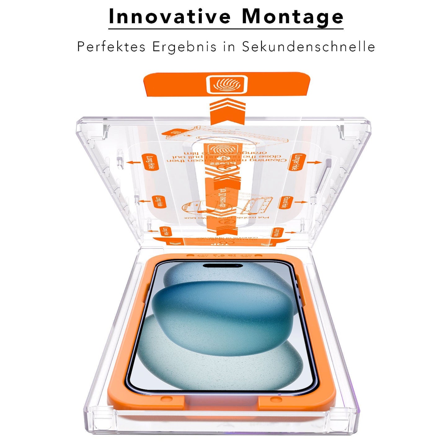 In der EZ.INSTALL-Box liegt ein iPhone, ein klares rechteckiges Gerät mit orangefarbenen Akzenten. Darüber: „Innovative Montage“ und auf Deutsch „Perfektes Ergebnis in Sekundenschnelle“. Produkt: Arktis 2er Set iPhone REVOLUTION Glas-Displayschutz.