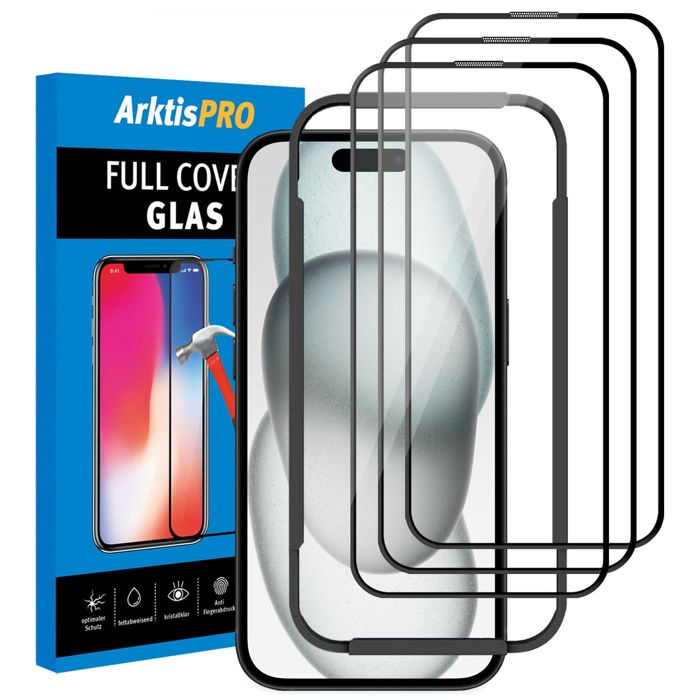 ArktisPRO iPhone 15 FULL COVER Displayschutz GLAS - hüllenfreundlich - 3er Set