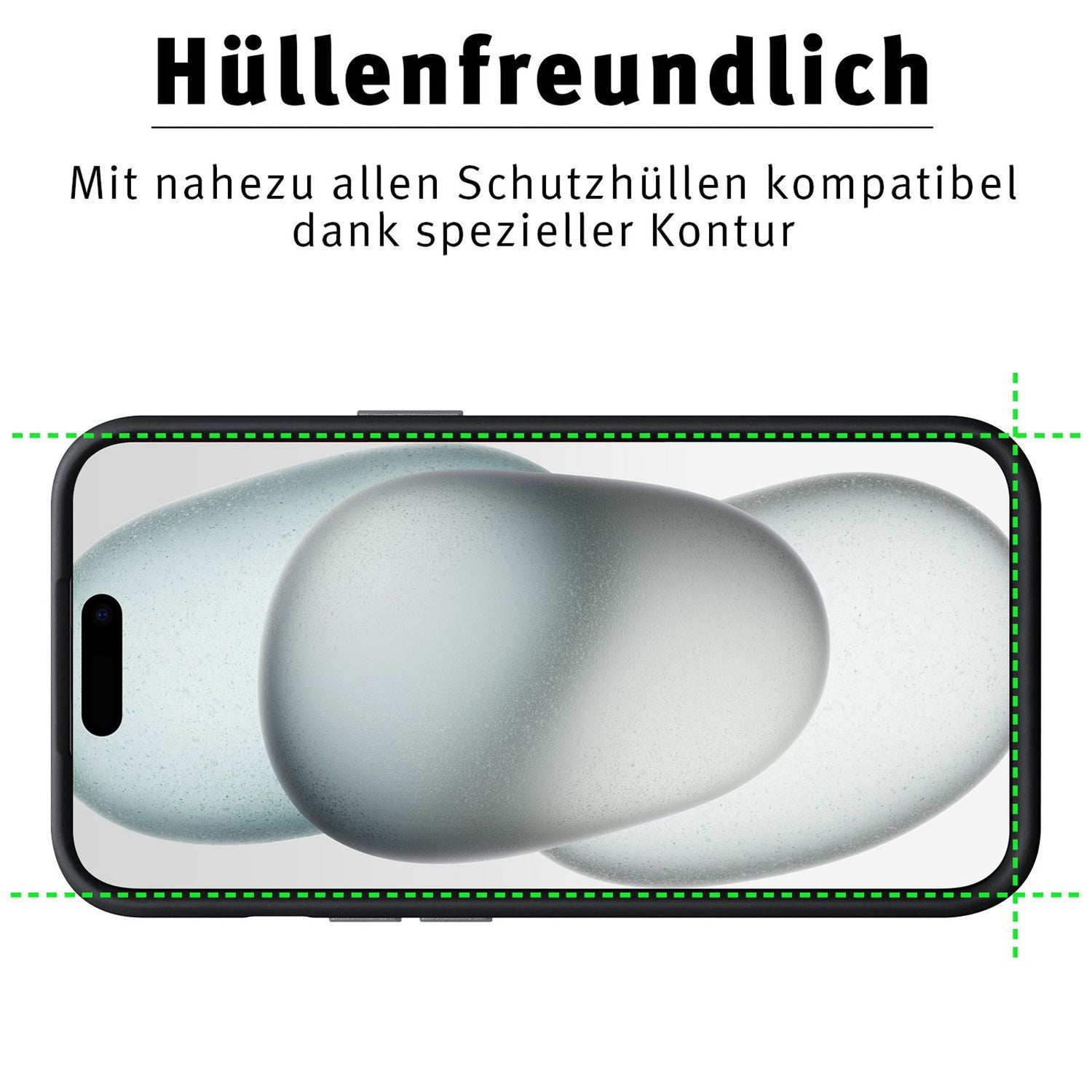 Eine Draufsicht auf ein iPhone 15 Plus mit einem ArktisPRO FULL COVER Displayschutz, mit grünen Punkten umrandet, um die Passgenauigkeit von Kante zu Kante zu zeigen. „Hüllenfreundlich“ oben hebt diesen hüllenfreundlichen Displayschutz (2er-Pack) von ArktisPRO hervor.