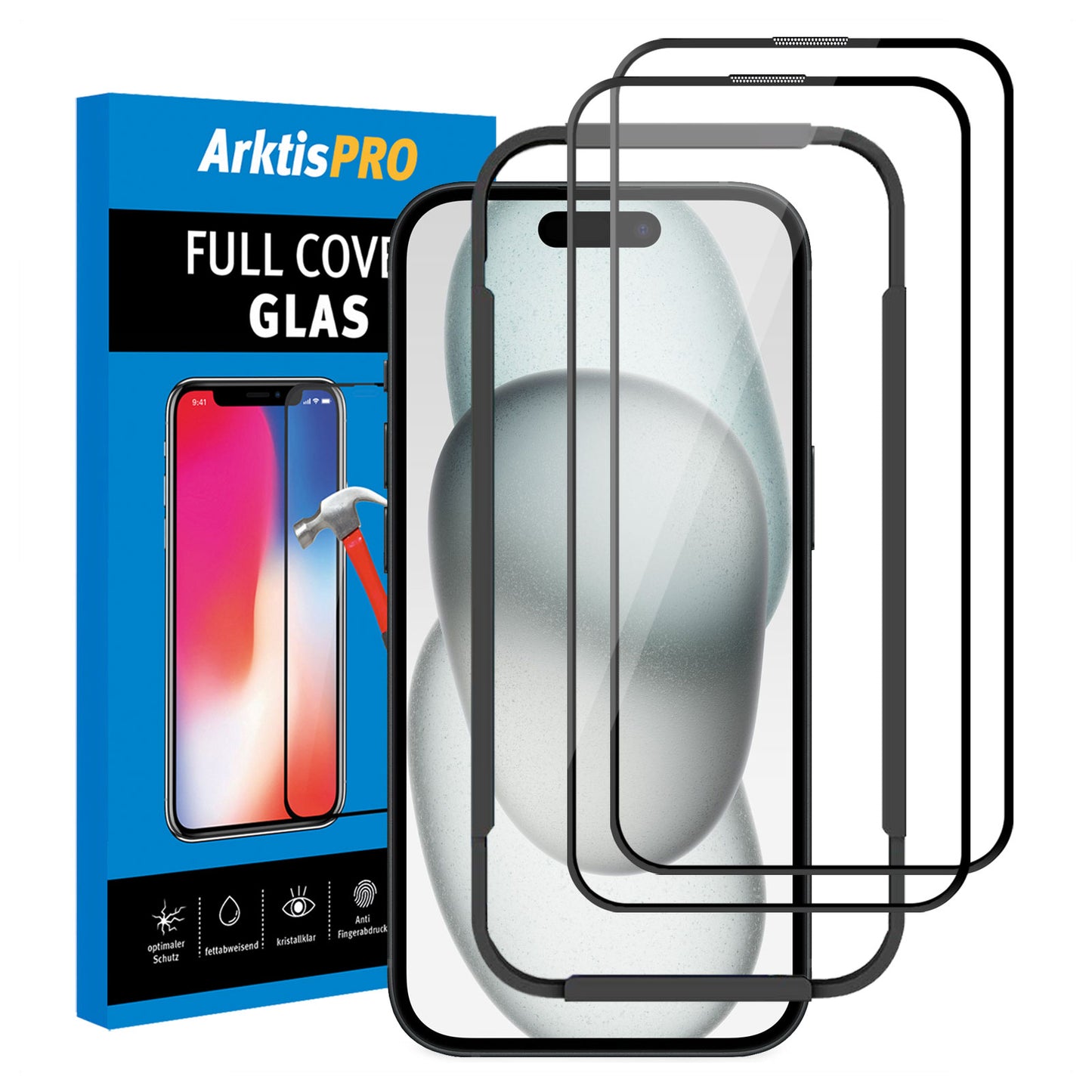 ArktisPRO iPhone 15 FULL COVER Displayschutz GLAS - hüllenfreundlich - 2er Set