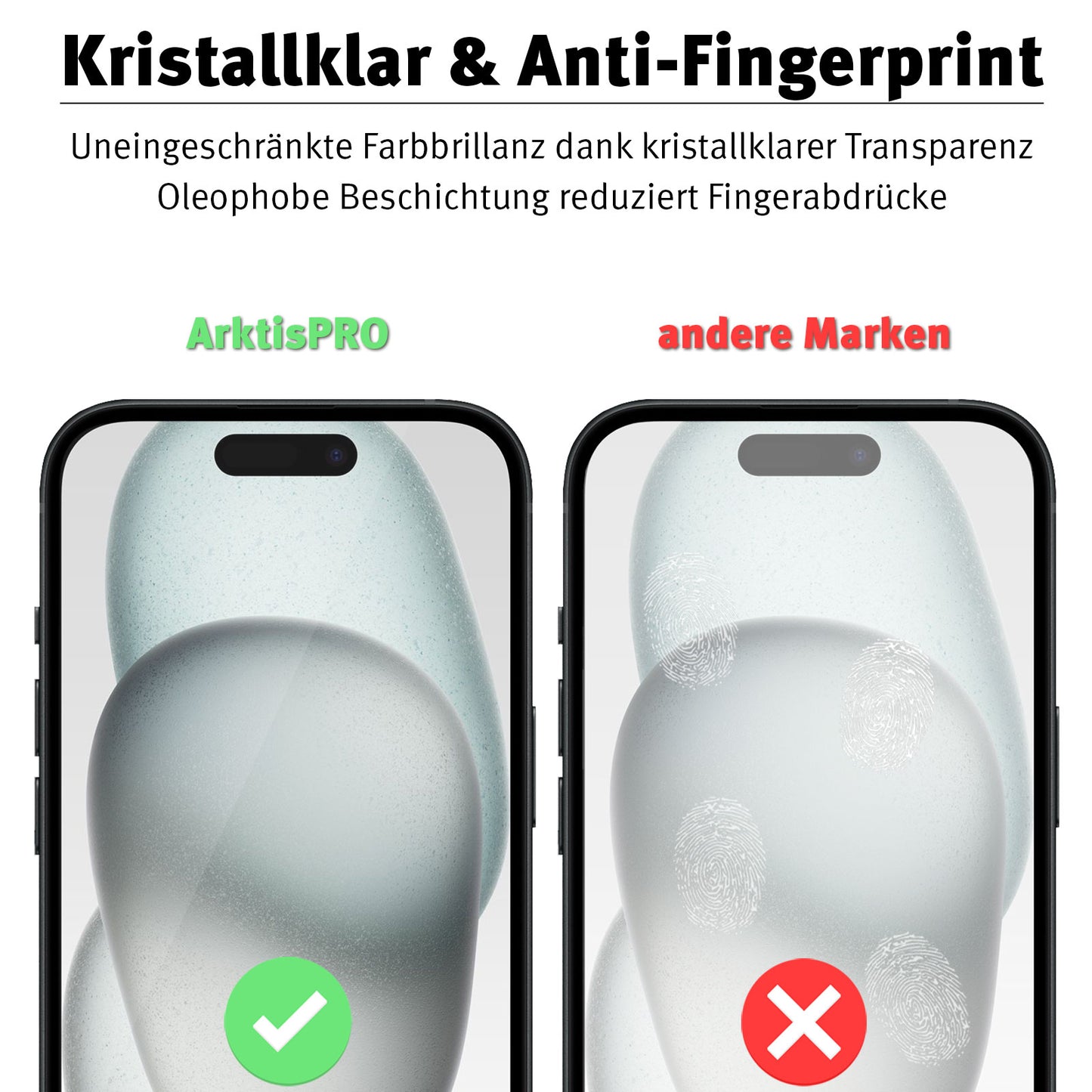 Zwei Telefone werden angezeigt: Das linke, mit der Aufschrift „ArktisPRO iPhone 15 Plus FULL COVER Displayschutz GLAS“, hat einen klaren, wischfesten Bildschirm mit einem grünen Häkchen. Das rechte, mit der Aufschrift „andere Marken“, weist Flecken und ein rotes X auf.