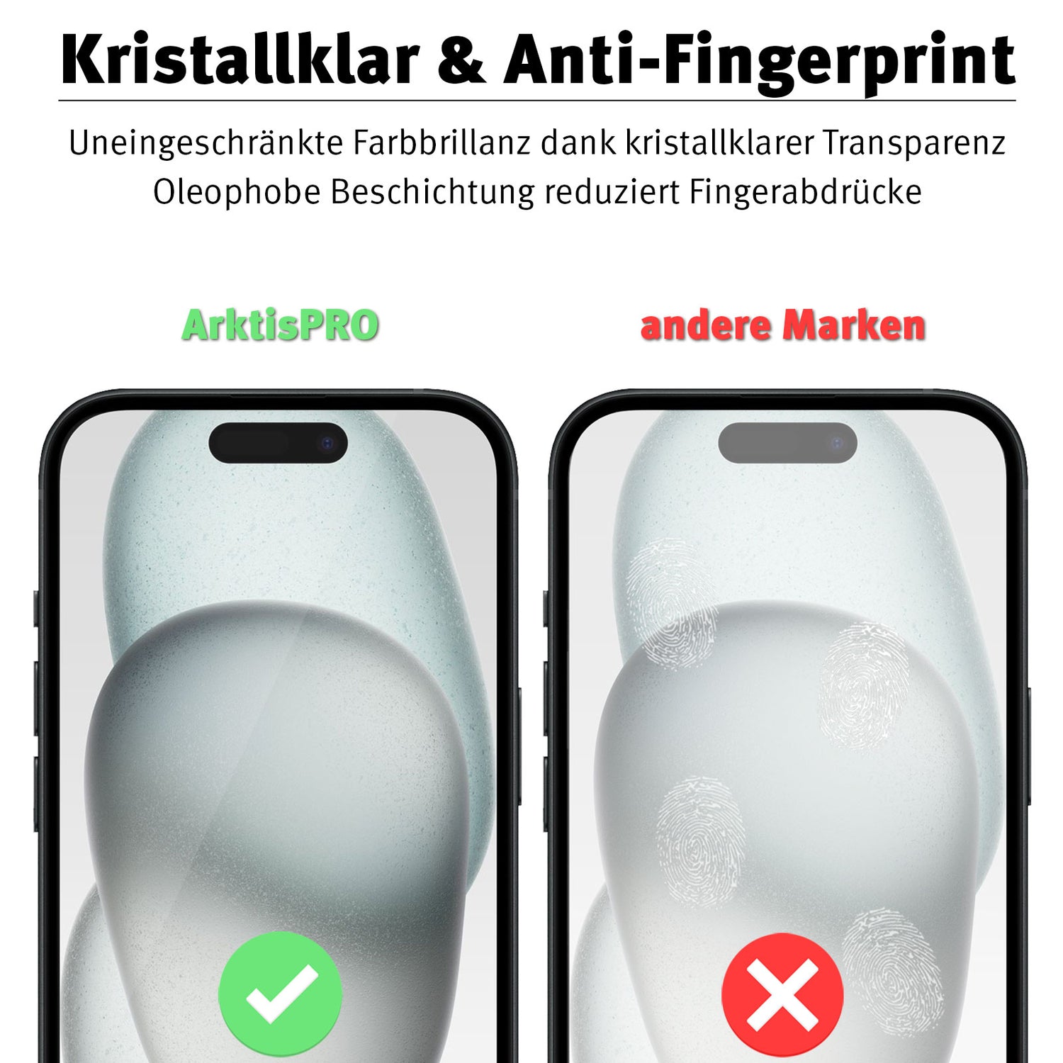 Zwei Telefone werden angezeigt: Das linke, mit der Aufschrift „ArktisPRO iPhone 15 Plus FULL COVER Displayschutz GLAS“, hat einen klaren, wischfesten Bildschirm mit einem grünen Häkchen. Das rechte, mit der Aufschrift „andere Marken“, weist Flecken und ein rotes X auf.