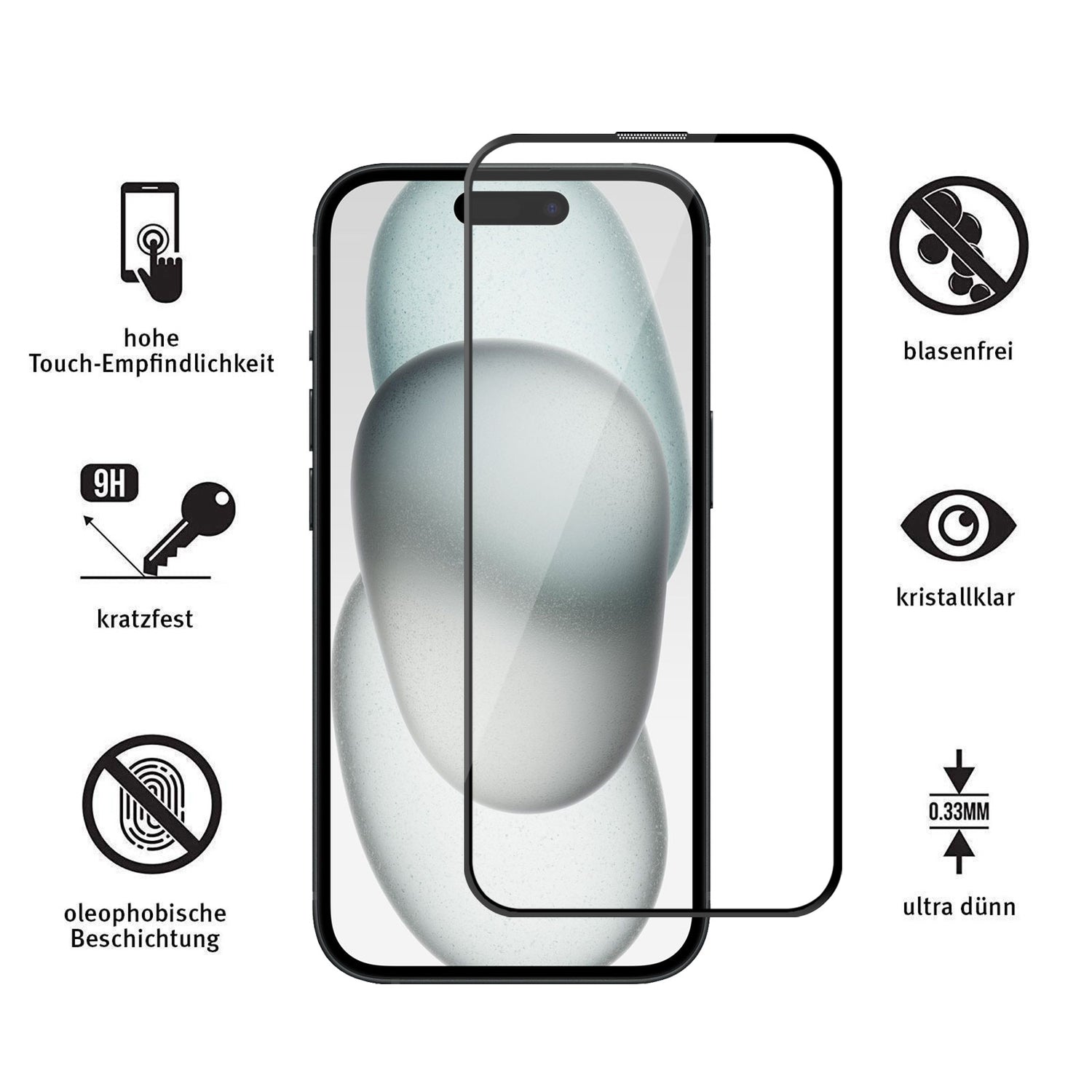 Auf einem Smartphone wird ein ArktisPRO iPhone 15 Plus FULL COVER Displayschutz GLAS (2er Set) mit Symbolen und deutschen Texthervorhebungsfunktionen angezeigt: hüllenfreundlich, hohe Berührungsempfindlichkeit, blasenfrei, kratzfest, kristallklar und ultradünn (0,33 mm).