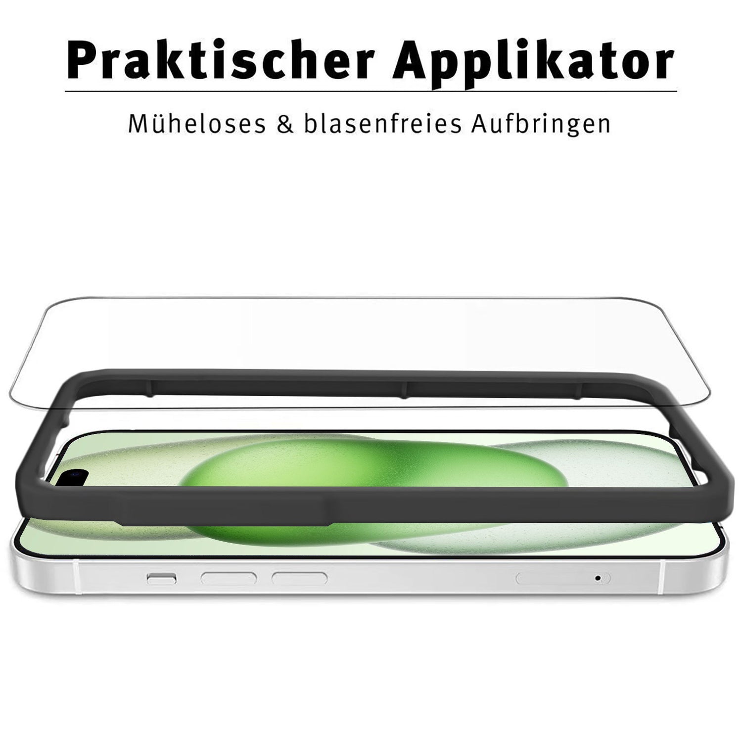 An ArktisPRO iPhone 15 Plus Displayschutz GLAS – 3er Set liegt flach, mit kristallklarer Schutzfolie und schwarzem Applikator darüber. Oben steht: „Praktischer Applikator. Müheloses & blasenfreies Aufbringen.“.