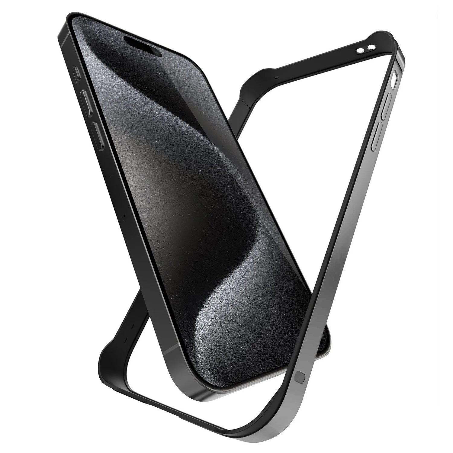 Aviato AirZERO Alu Bumper für iPhone 15 Pro Max von Aviato schwebt neben passendem Smartphone und Case auf weißem Hintergrund.