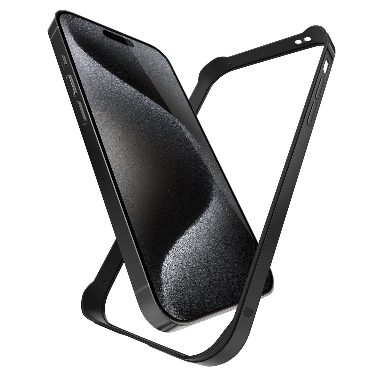 Der aus Flugzeugaluminium gefertigte Aviato AirZERO Alu Bumper für das iPhone 15 Pro Max von Aviato schwebt auf einem weißen Hintergrund und vereint Stil, Haltbarkeit und kabelloses Laden.