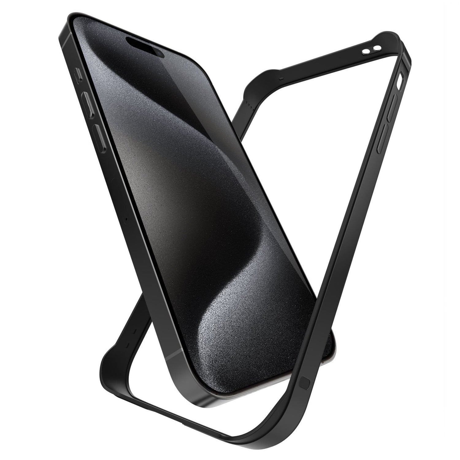 Der aus Flugzeugaluminium gefertigte Aviato AirZERO Alu Bumper für das iPhone 15 Pro Max von Aviato schwebt auf einem weißen Hintergrund und vereint Stil, Haltbarkeit und kabelloses Laden.
