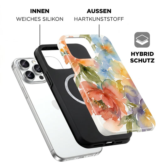 Explosionszeichnung der arktis iPhone 14 Pro Max Hülle - Floral: MagSafe-kompatibel, stoßabsorbierendes TPU-Silikon innen, harter Kunststoff außen. Marke: arktis.