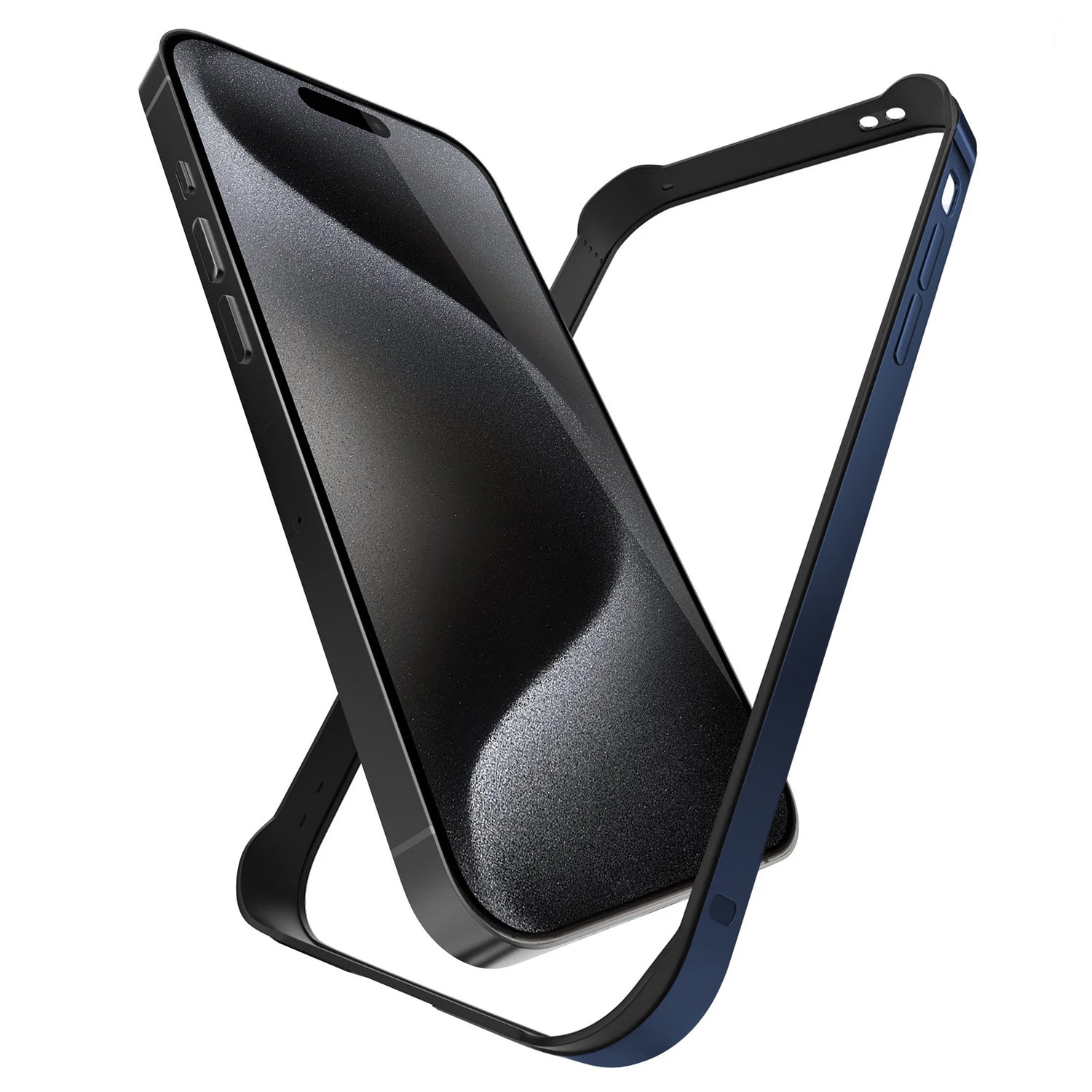 Ein schwarzes Smartphone mit einem Aviato AirZERO Alu Bumper für das iPhone 15 Pro Max aus robustem Flugzeugaluminium in Metallic-Blau schwebt und kreuzt sich teilweise vor einem weißen Hintergrund.