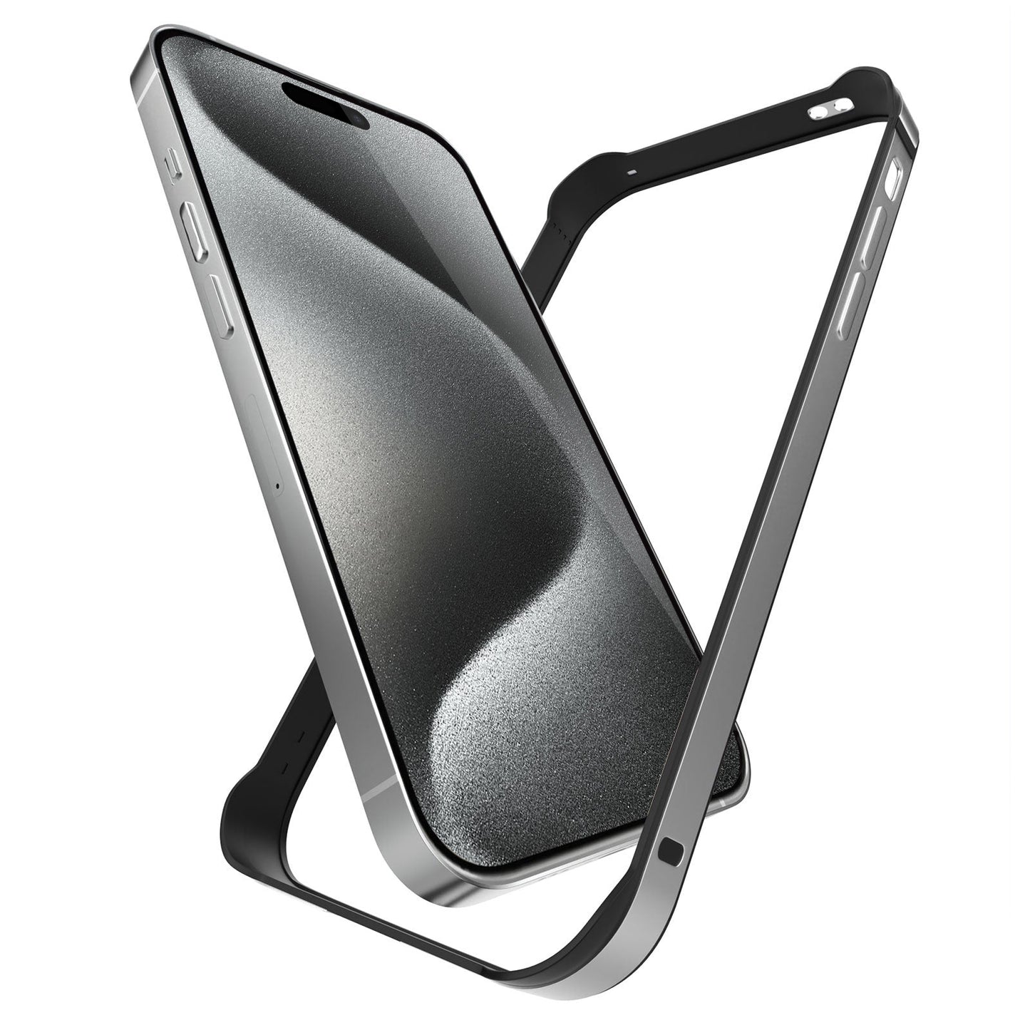 Der Aviato AirZERO Alu Bumper für das iPhone 15 Pro Max verfügt über ein schlankes, teilweise freistehendes Metallrahmendesign, das modernen Stil mit der Kompatibilität mit kabellosem Laden verbindet.