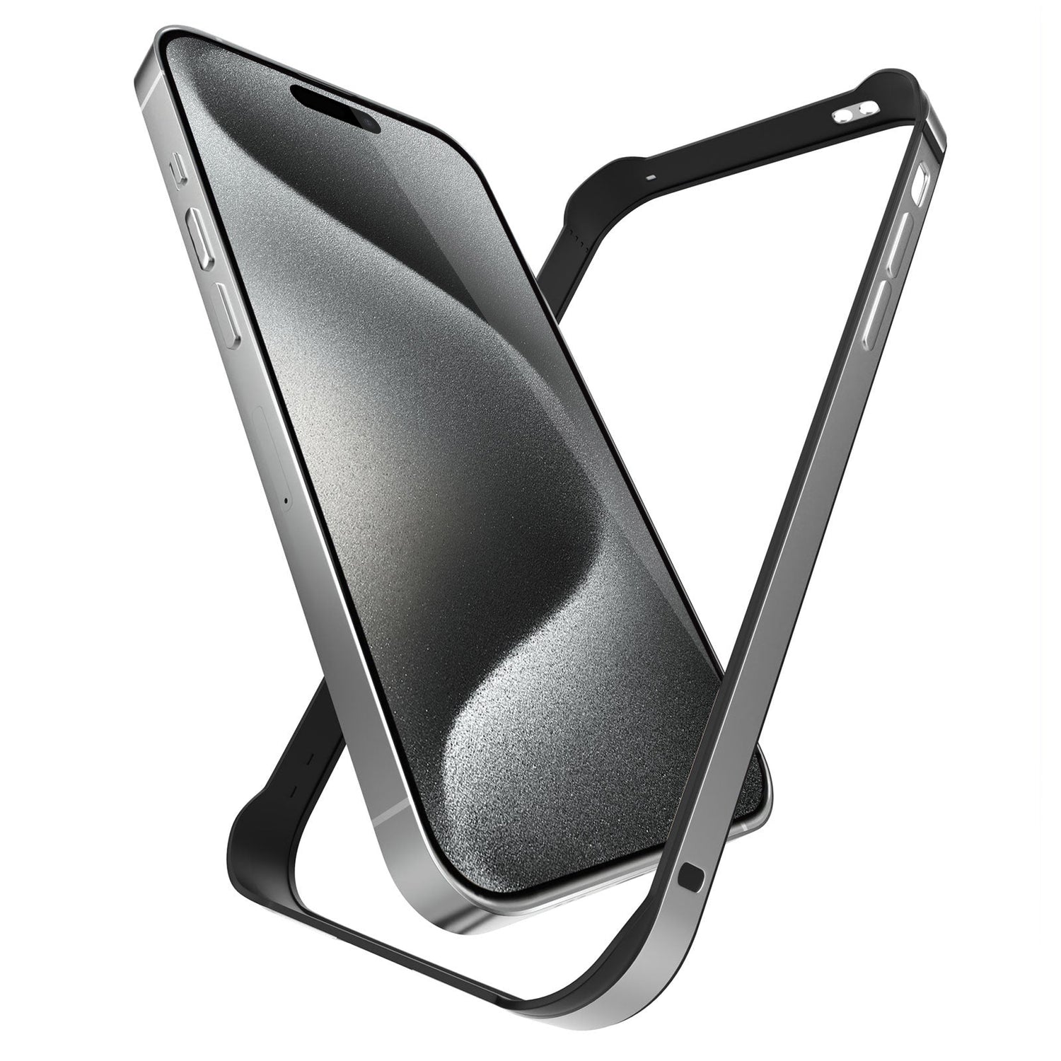 Der Aviato AirZERO Alu Bumper für das iPhone 15 Pro Max verfügt über ein schlankes, teilweise freistehendes Metallrahmendesign, das modernen Stil mit der Kompatibilität mit kabellosem Laden verbindet.