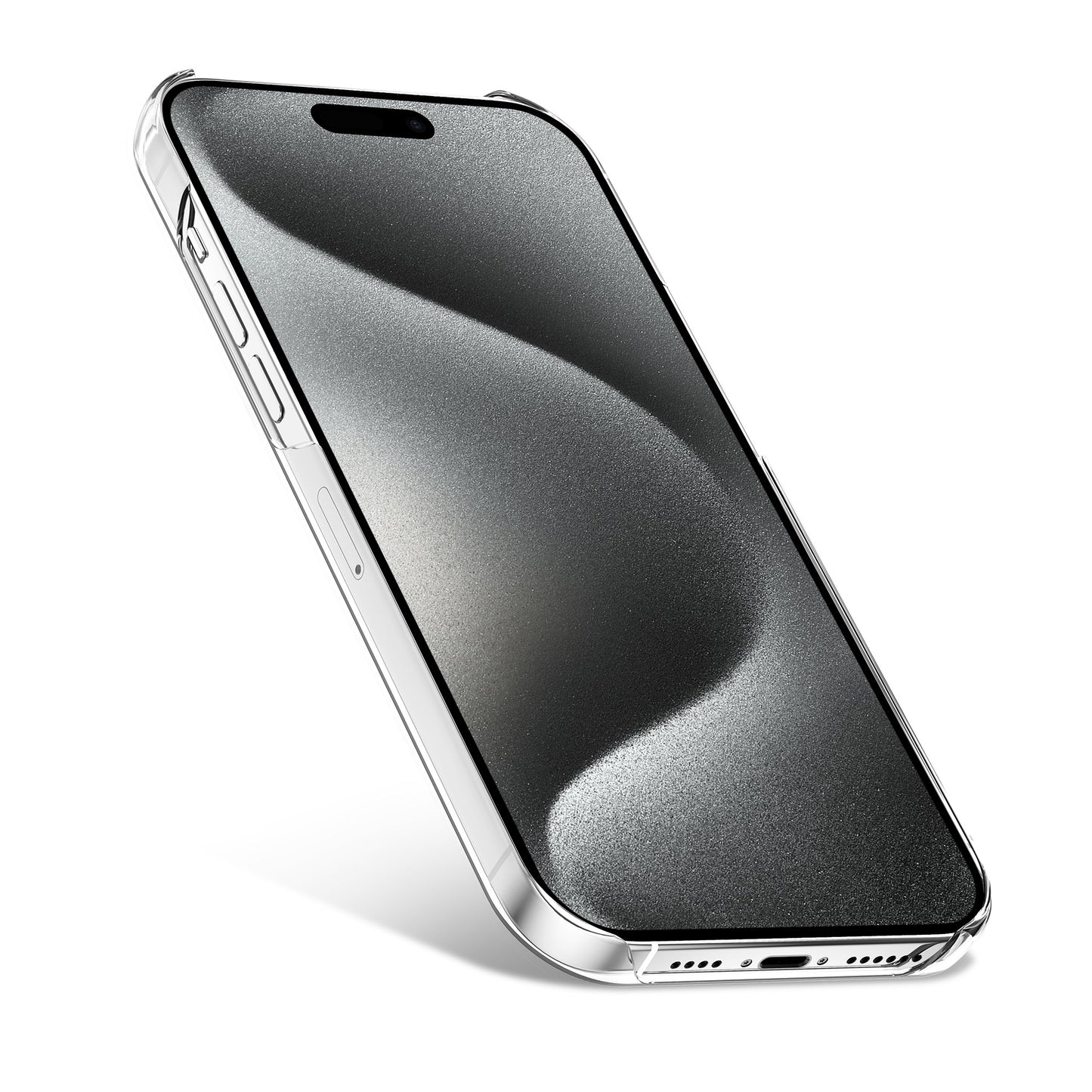 Ein silbernes iPhone 15 Pro Max in einem ArktisPRO ORIGINAL Premium Hardcase – Klar wird schräg präsentiert. Das Display zeigt ein schwarz-graues abstraktes Wellendesign. Die transparente ArktisPRO-Hülle bietet Rundumschutz auf weißem Hintergrund.