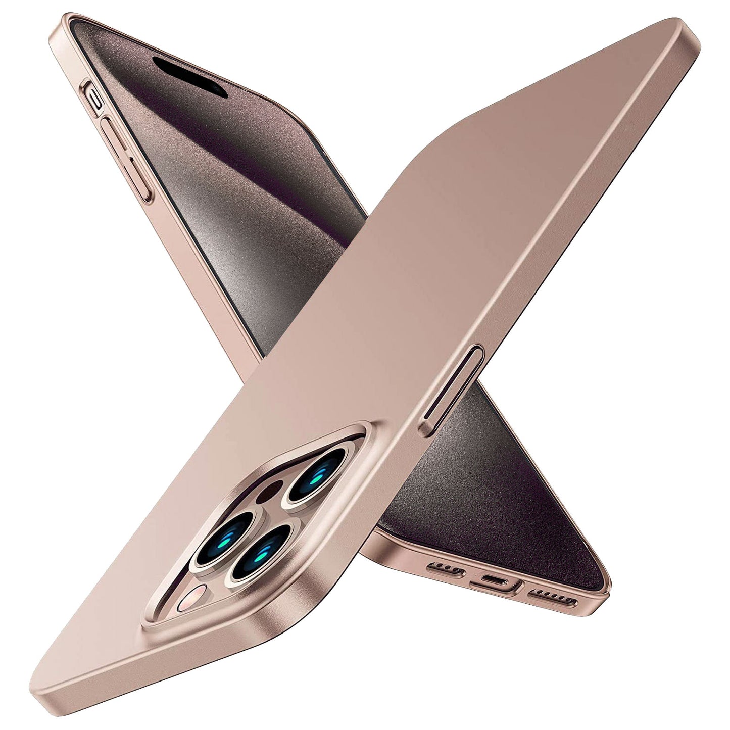 Das ArktisPRO iPhone 15 Pro Hülle UltraSlim Hardcase in Roségold präsentiert stilvoll die Dreifachkamera des iPhone 15 Pro, beide in einem X-Layout auf weißem Hintergrund dargestellt.
