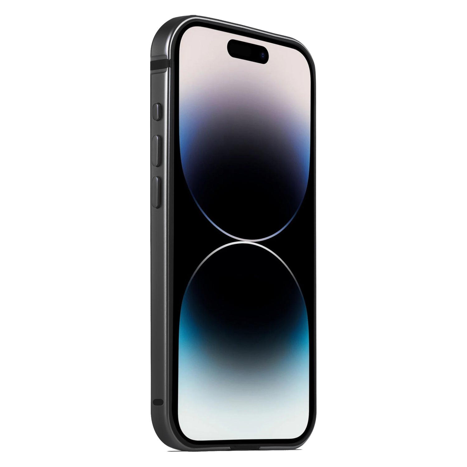 Das Arktis arktis iPhone 15 Pro Case AVANTGARDE verfügt über einen schlanken Aluminiumrahmen und eine Anti-Fingerabdruck-Rückplatte, dargestellt auf einem schwarzen Smartphone mit einem großen Bildschirm, der ein abstraktes kreisförmiges Design in Blau, Weiß und Schwarz anzeigt.