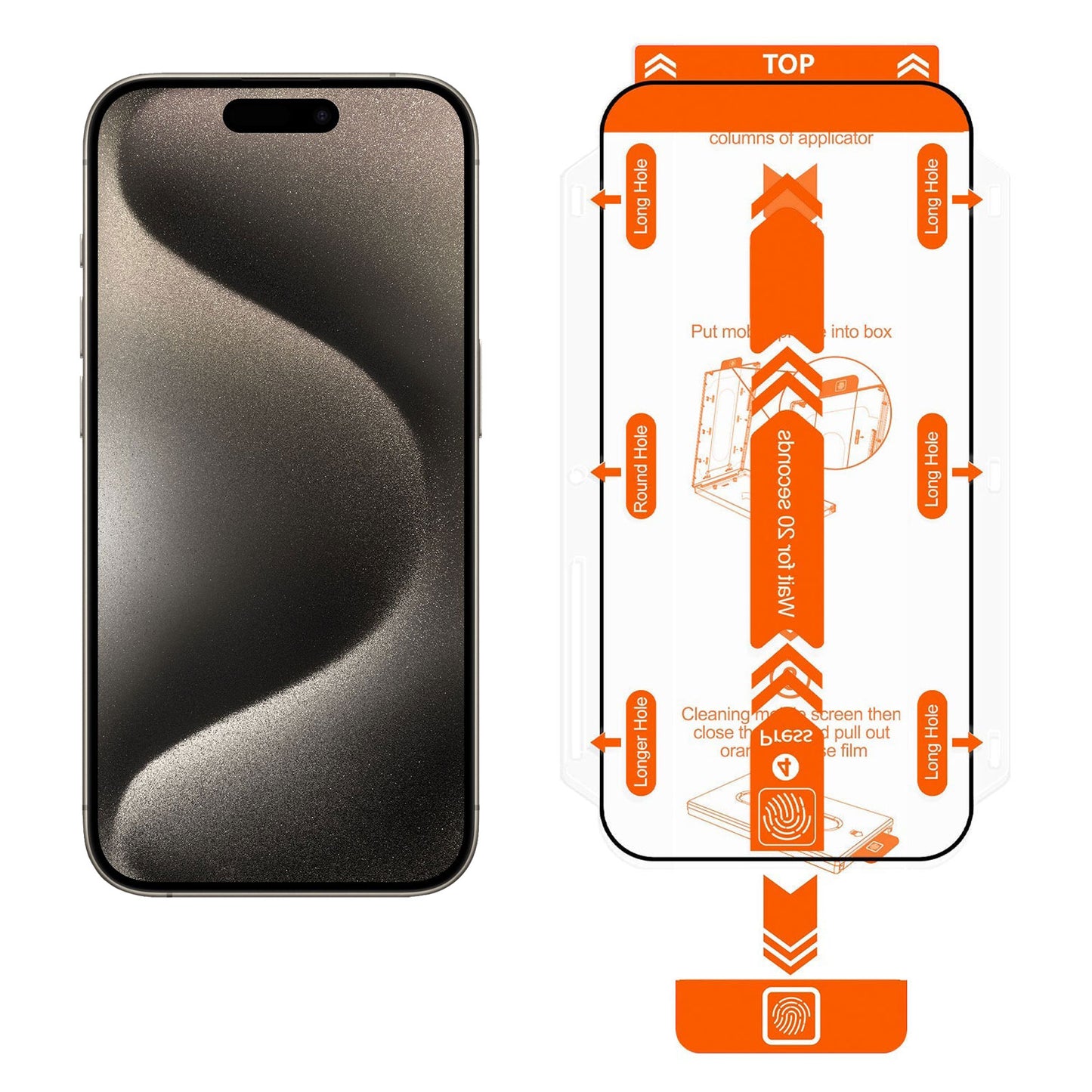 Zur einfachen Anwendung werden neben der Box des Arktis 2er Set iPhone REVOLUTION Glas-Displayschutz ein iPhone und eine beschriftete Installationsanleitung mit orangefarbenen Anweisungen und Laschen angezeigt.