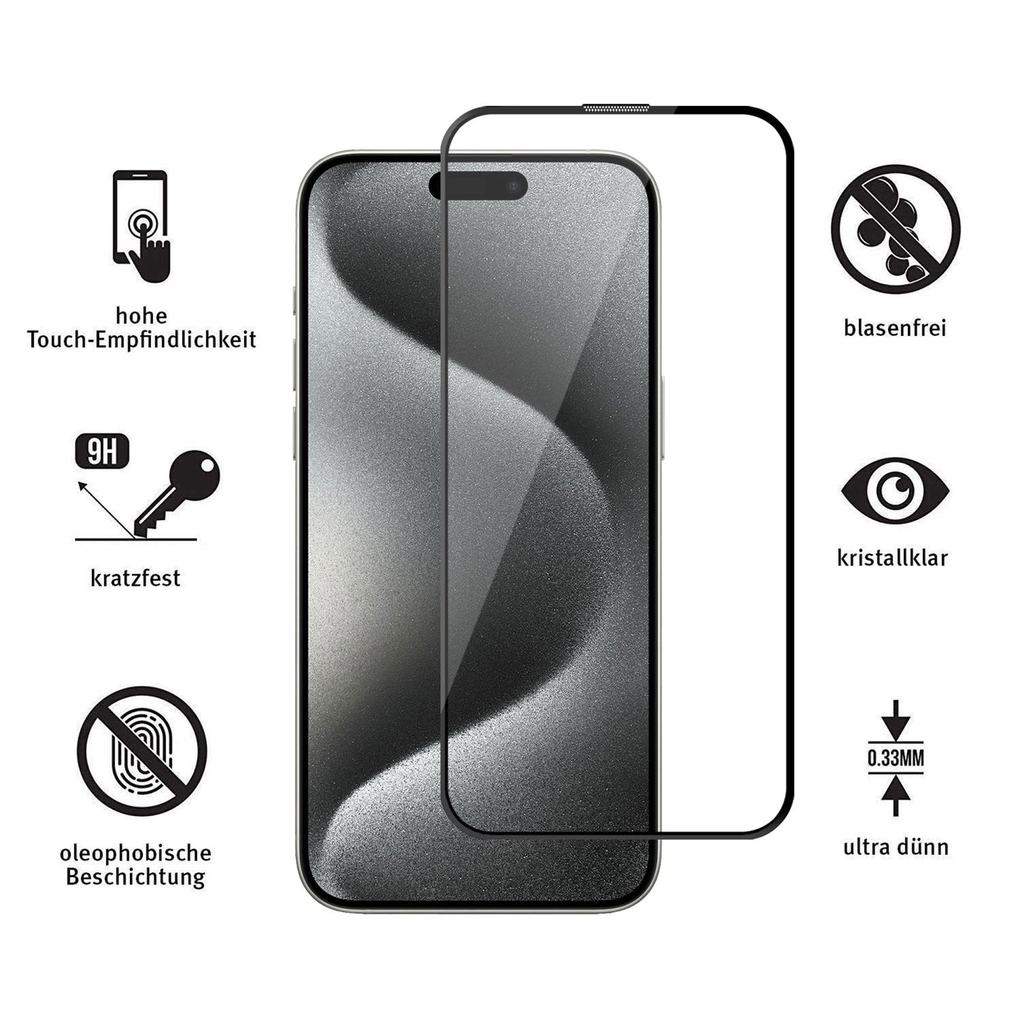ArktisPRO iPhone 15 Pro FULL COVER Displayschutz GLAS – hüllenfreundlich: 9H gehärtetes Glas mit oleophober Schicht, illustriert durch Icons und deutsche Textlabels.