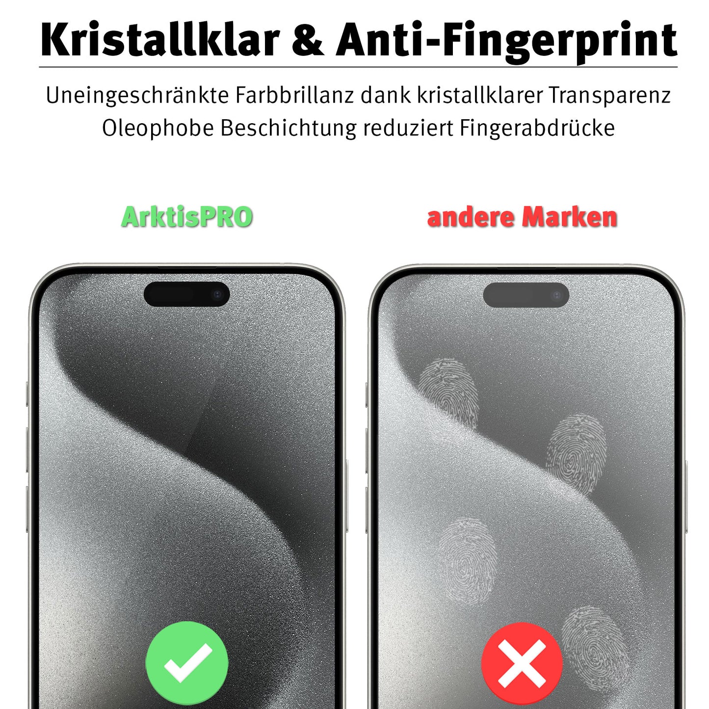 Zwei iPhones: Links das Display mit ArktisPRO iPhone 15 Pro FULL COVER Displayschutz GLAS – dank oleophober Schicht und 9H Härte frei von Abdrücken; rechts ein anderes Produkt mit Fingerabdrücken.