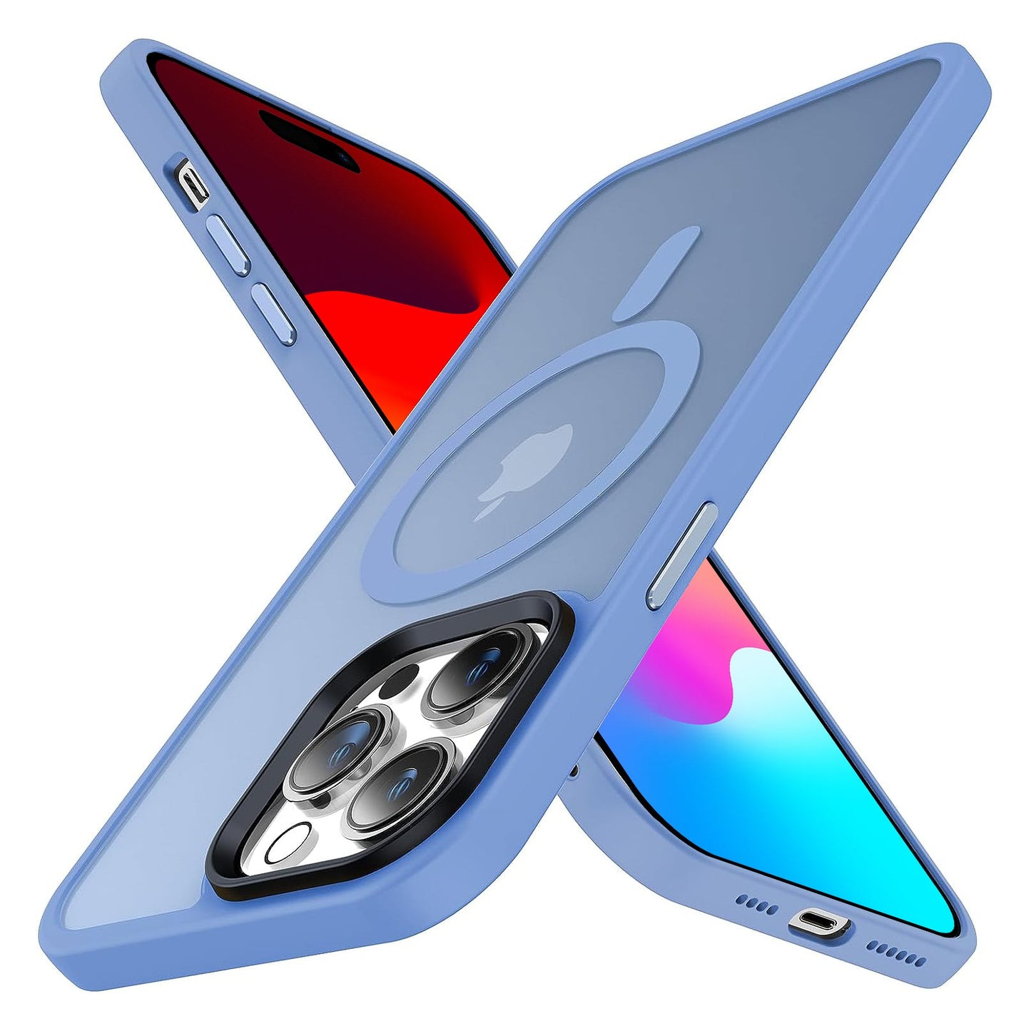 Zwei iPhones kreuzen sich zu einem X, jeweils im halbtransparenten MR PROTECT iPhone 15 Pro Max MagSafe Case Matt. Leuchtende Bildschirme und Rückkameras sind sichtbar, wobei das TPU-Silikon von MR PROTECT für zusätzlichen stoßdämpfenden Schutz sorgt.