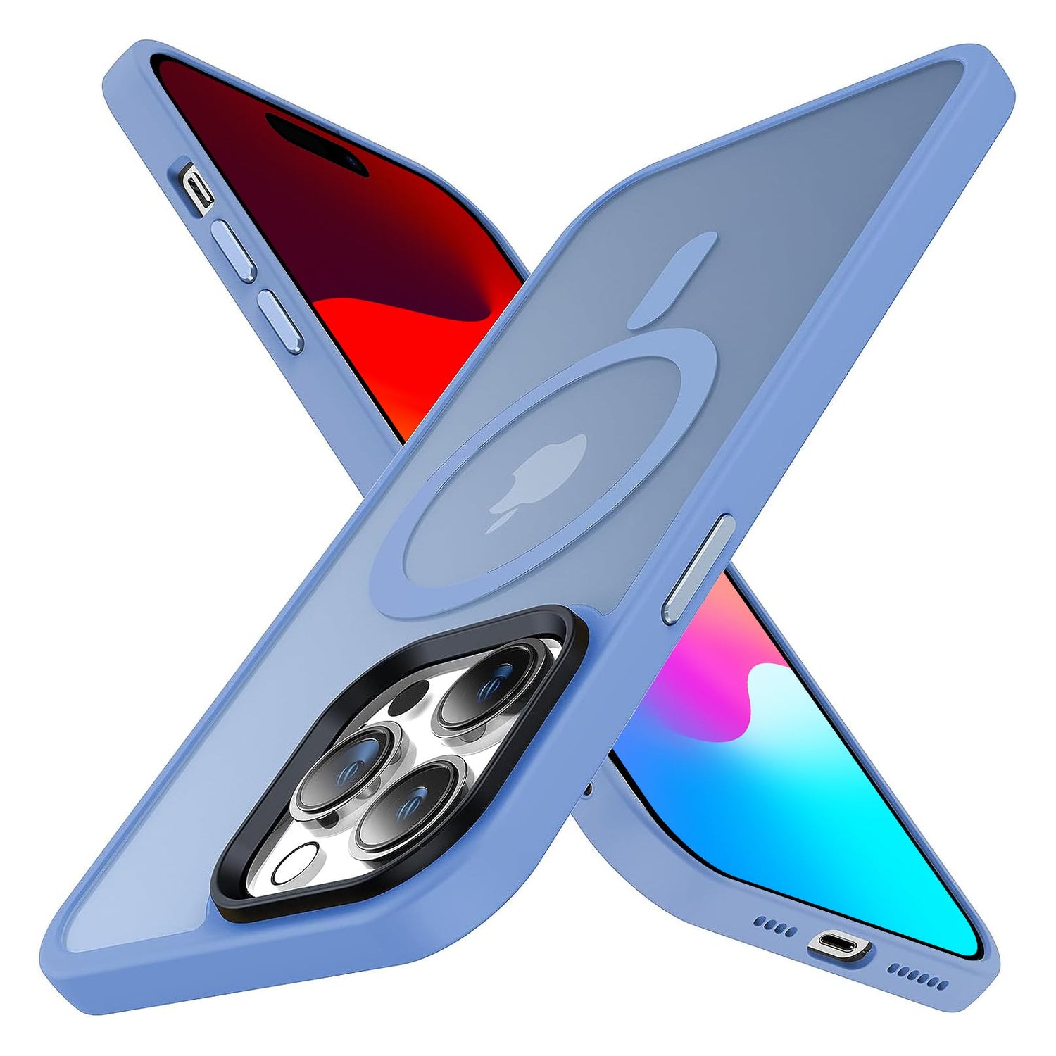 Zwei Smartphones kreuzen sich in X-Form, beide in blauen MR PROTECT iPhone 14 Pro MagSafe Case Matt Hüllen. Die stoßabsorbierenden TPU-Silikon-Hüllen zeigen MagSafe-Kompatibilität und einen Ausschnitt fürs Apple Logo. Ein Bildschirm ist rot, der andere blau-rosa Verlauf.