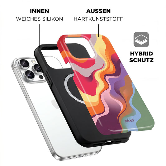 Die arktis iPhone 14 Pro Max Hülle - Happy Life ist farbenfroh, stoßabsorbierend, mit weicher Silikon-Innenschicht und harter Außenschale, MagSafe-kompatibel und wird am iPhone präsentiert.
