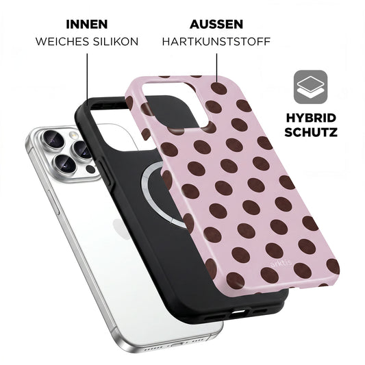 Explosionszeichnung der arktis iPhone 15 Pro Max Hülle - Sweetie: schwarze stoßabsorbierende TPU-Silikon-Innenhülle und rosa gepunktete Hartschale mit deutschen Labels von arktis.