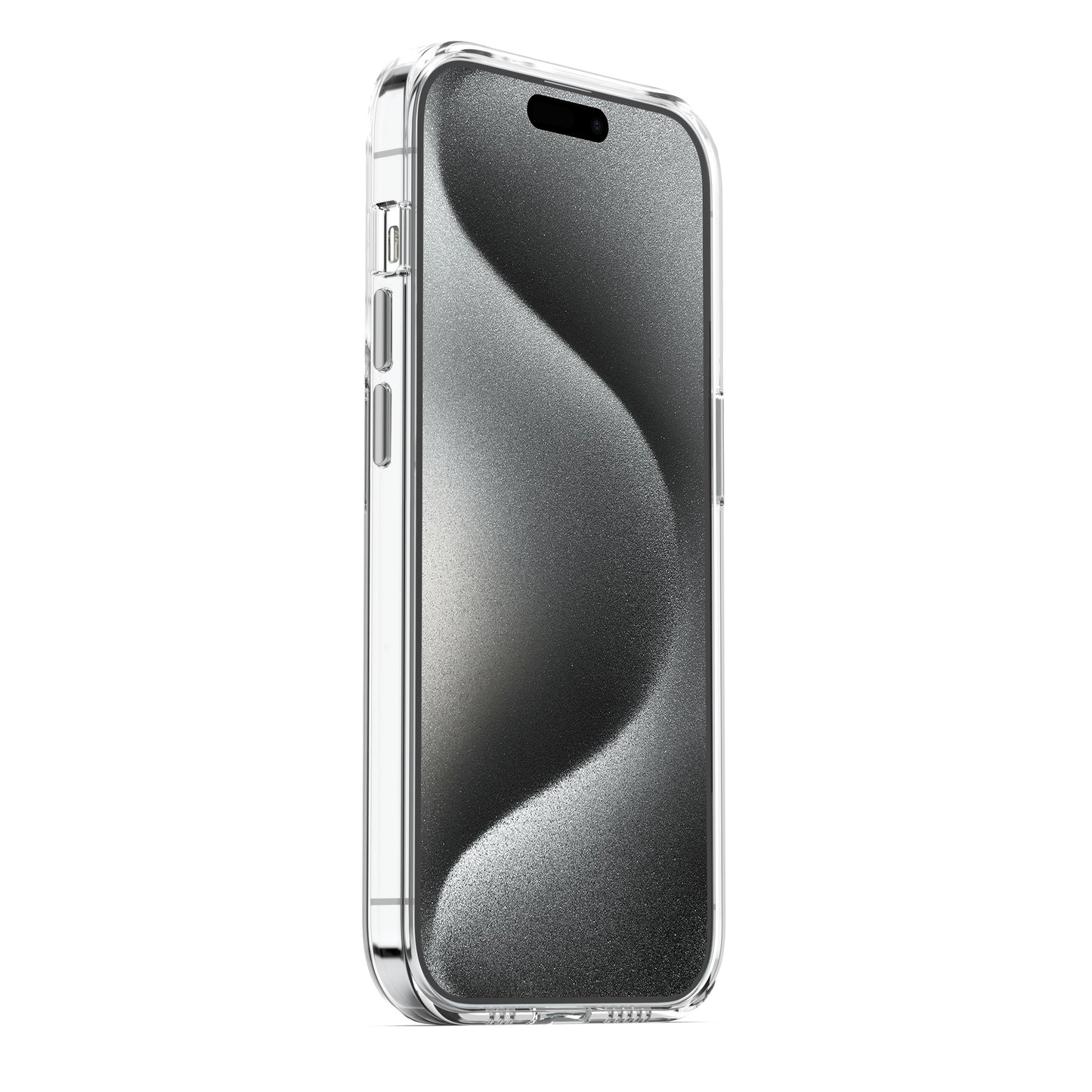 Ein iPhone 15 Pro in einem arktis CLEAR Case von MR PROTECT mit MagSafe, mit einem wellenförmigen abstrakten Design in Silber und Schwarz auf dem Bildschirm.