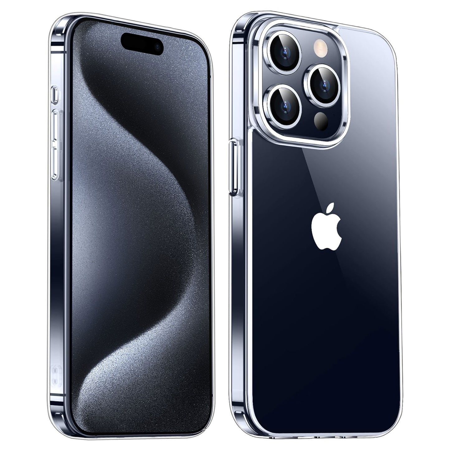 Die arktis iPhone 15 Pro Max CrystalGlass Schutzhülle von arktis, abgebildet von Vorder- und Rückseite, verfügt über eine dreifache Kameraaussparung und ein stoßabsorbierendes TPU-Silikon-Design.