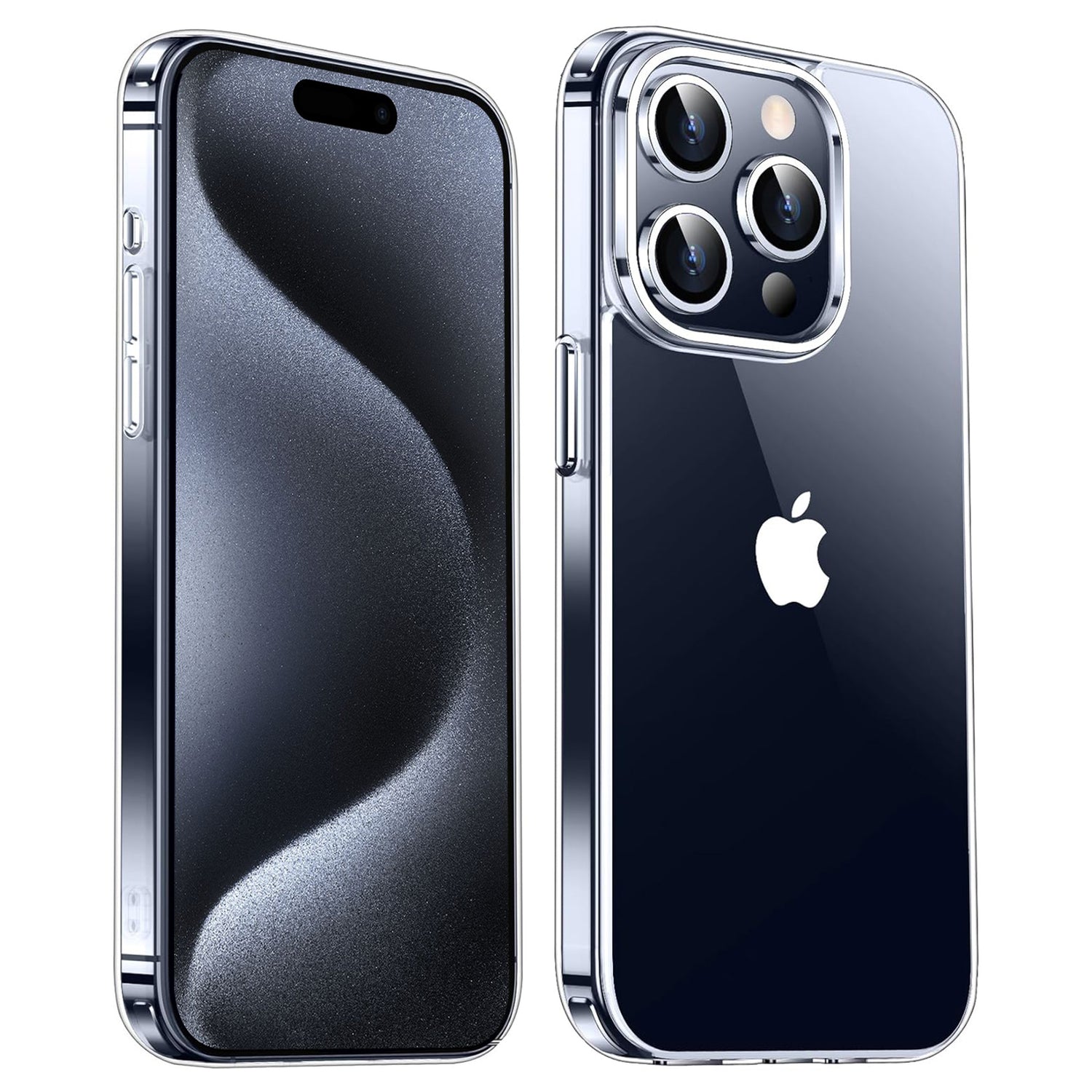 Die arktis iPhone 15 Pro Max CrystalGlass Schutzhülle von arktis, abgebildet von Vorder- und Rückseite, verfügt über eine dreifache Kameraaussparung und ein stoßabsorbierendes TPU-Silikon-Design.