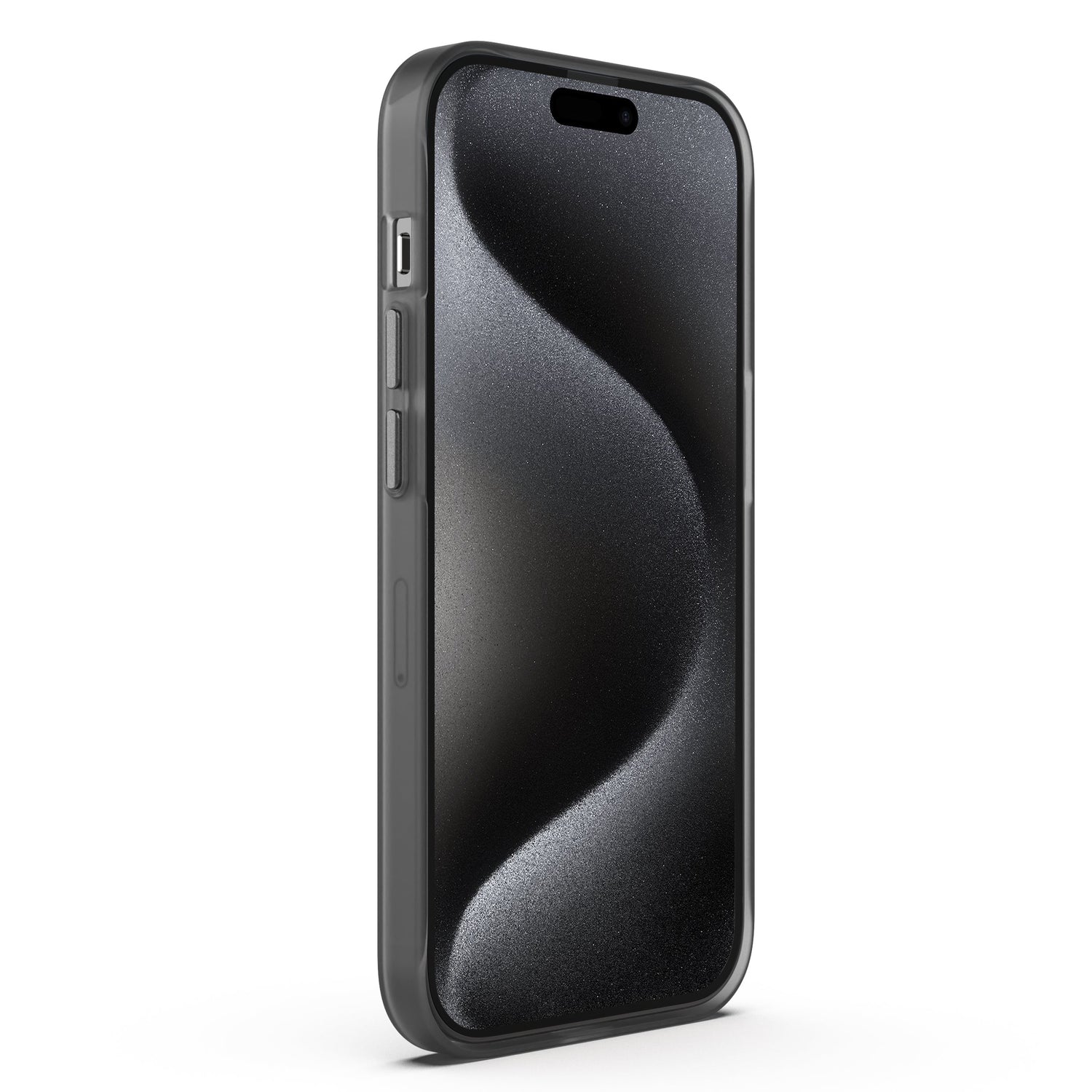 Das MR PROTECT iPhone 15 Pro Max FROZEN Case ist eine schwarze, robuste Polycarbonat-Abdeckung mit durchscheinender Optik und wellenförmigem Strukturmuster, das aus der Perspektive des Smartphones zu sehen ist.